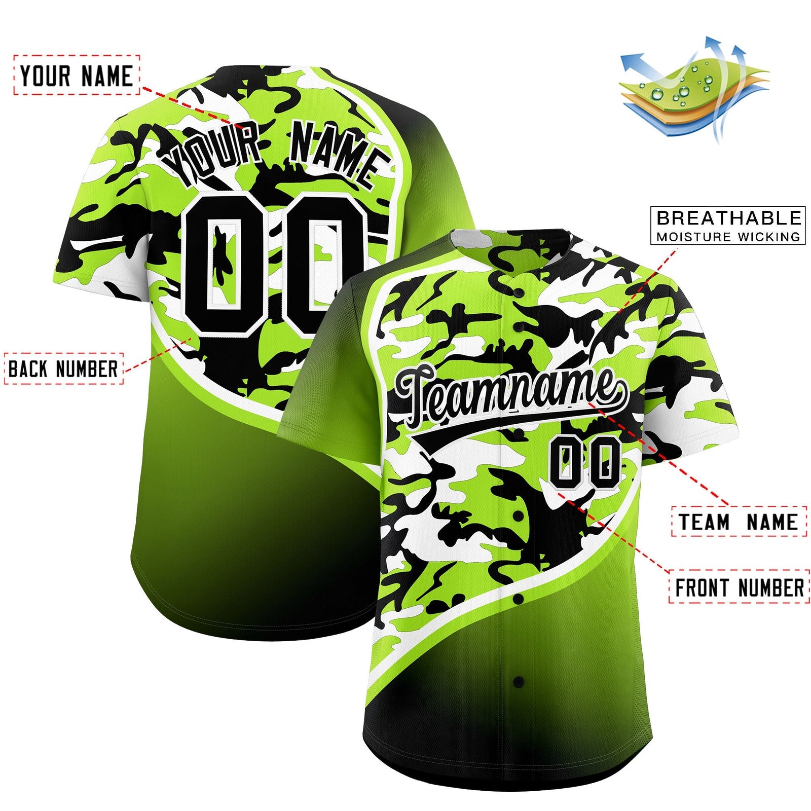 Custom Neon Green Black White Camo Gradient Fashion Baseball Jersey | Perfect for Training,Sublimation Printed & Stitched,Add Name and Numbern,Perfect for Teams | KXKSHOP
