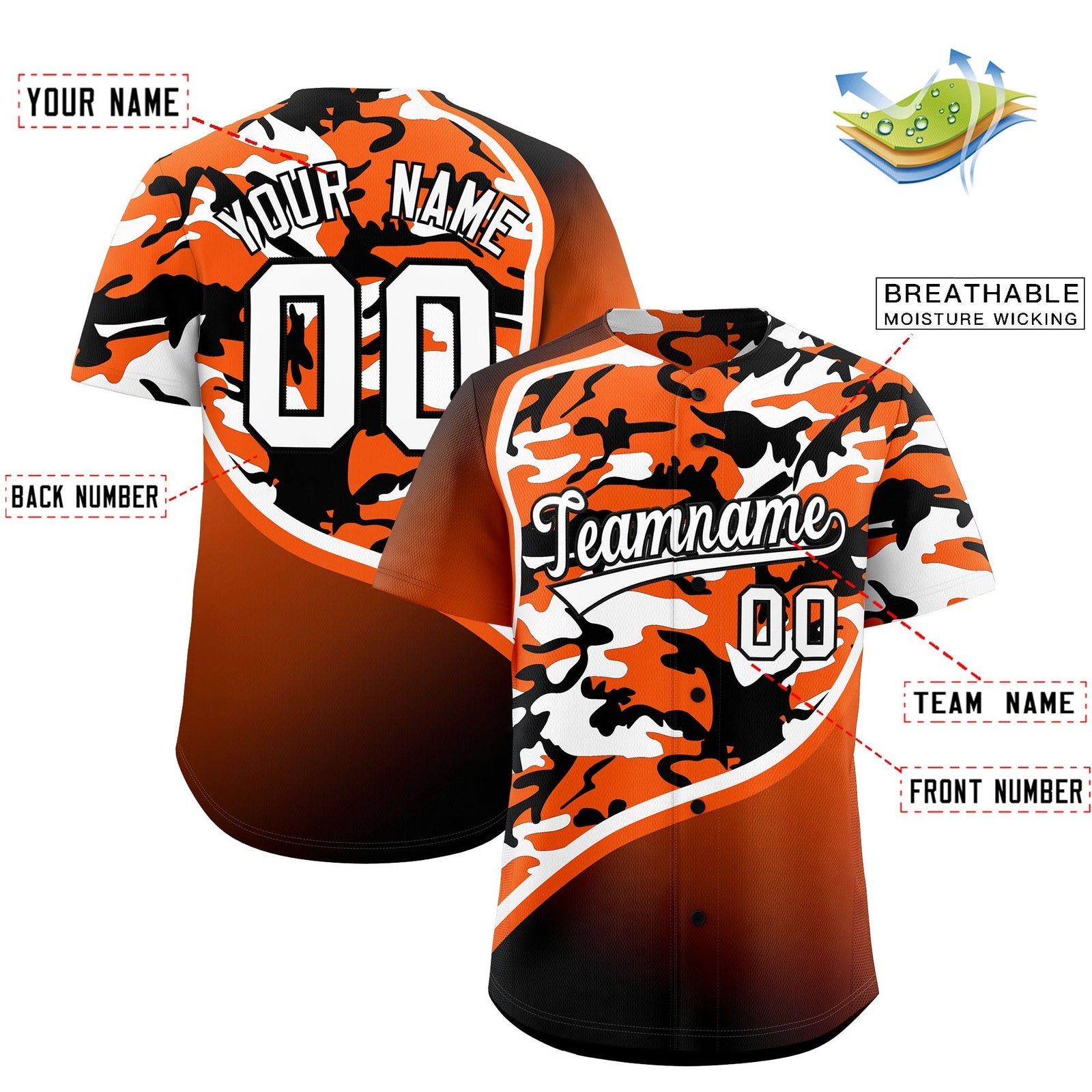 Custom Orange White Black Camo Gradient Fashion Baseball Jersey | Perfect for Training,Sublimation Printed & Stitched,Add Name and Numbern,Perfect for Teams | KXKSHOP