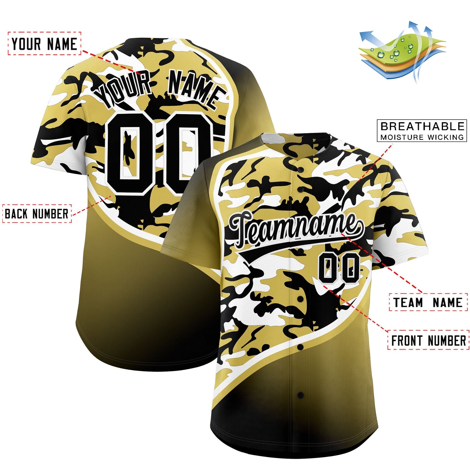 Custom Old Gold Black White Camo Gradient Fashion Baseball Jersey | Perfect for Training,Sublimation Printed & Stitched,Add Name and Numbern,Perfect for Teams | KXKSHOP