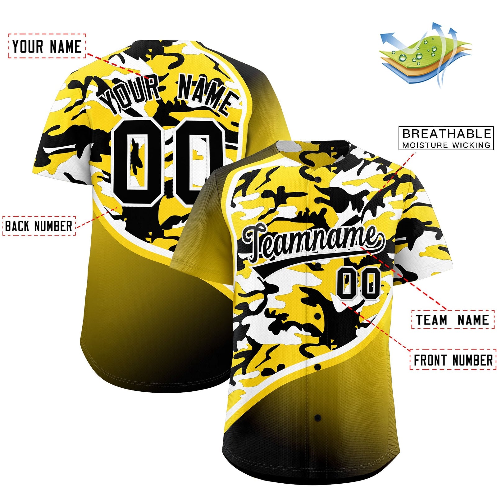Custom Gold Black White Camo Gradient Fashion Baseball Jersey | Perfect for Training,Sublimation Printed & Stitched,Add Name and Numbern,Perfect for Teams | KXKSHOP