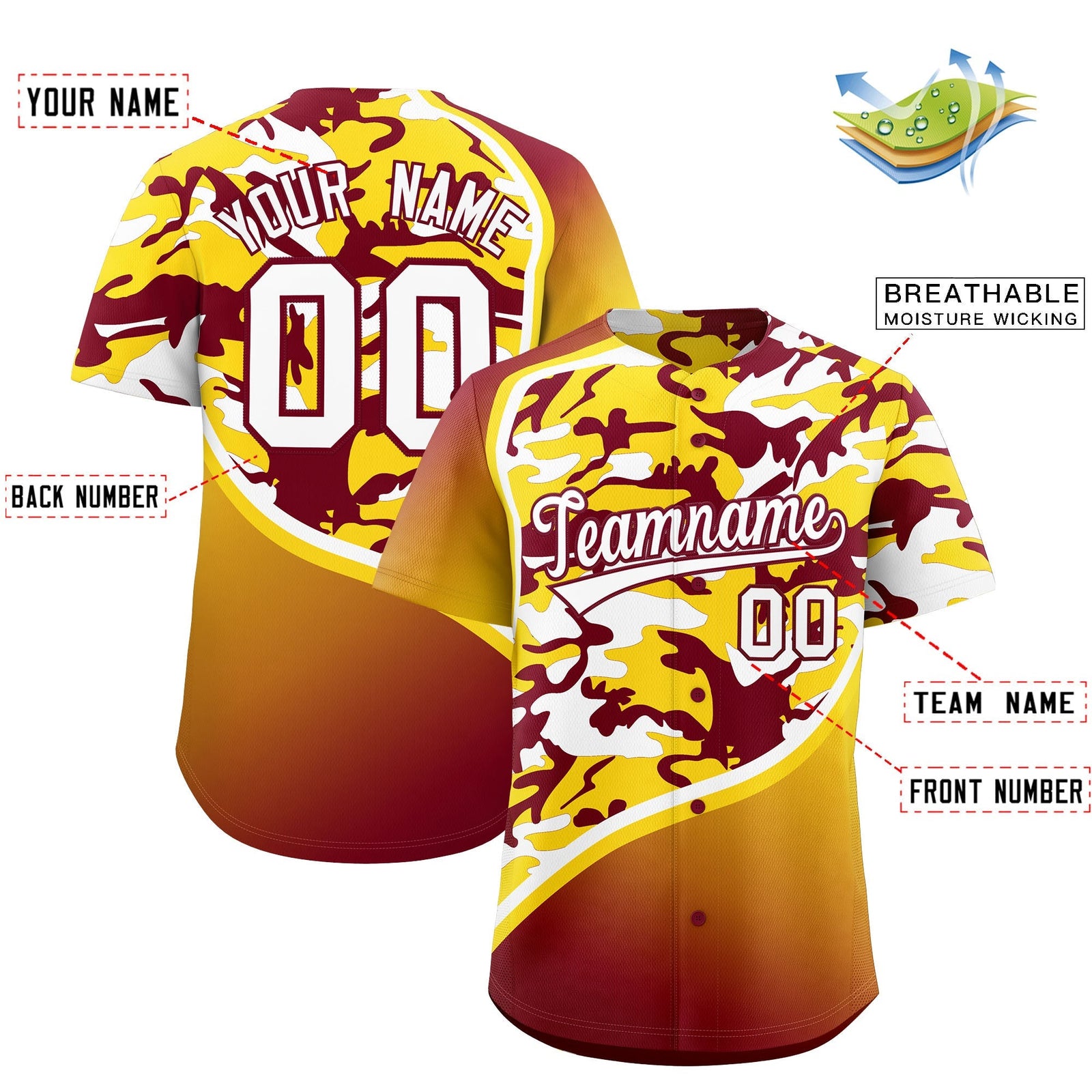 Custom Crimson Gold White Camo Gradient Fashion Baseball Jersey | Perfect for Training,Sublimation Printed & Stitched,Add Name and Numbern,Perfect for Teams | KXKSHOP