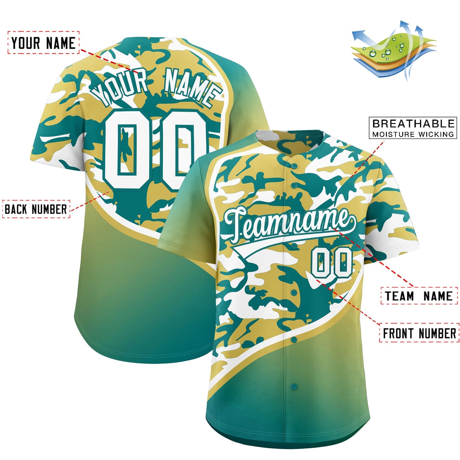 Custom Old Gold Teal White Camo Gradient Fashion Baseball Jersey | Perfect for Training,Sublimation Printed & Stitched,Add Name and Numbern,Perfect for Teams | KXKSHOP