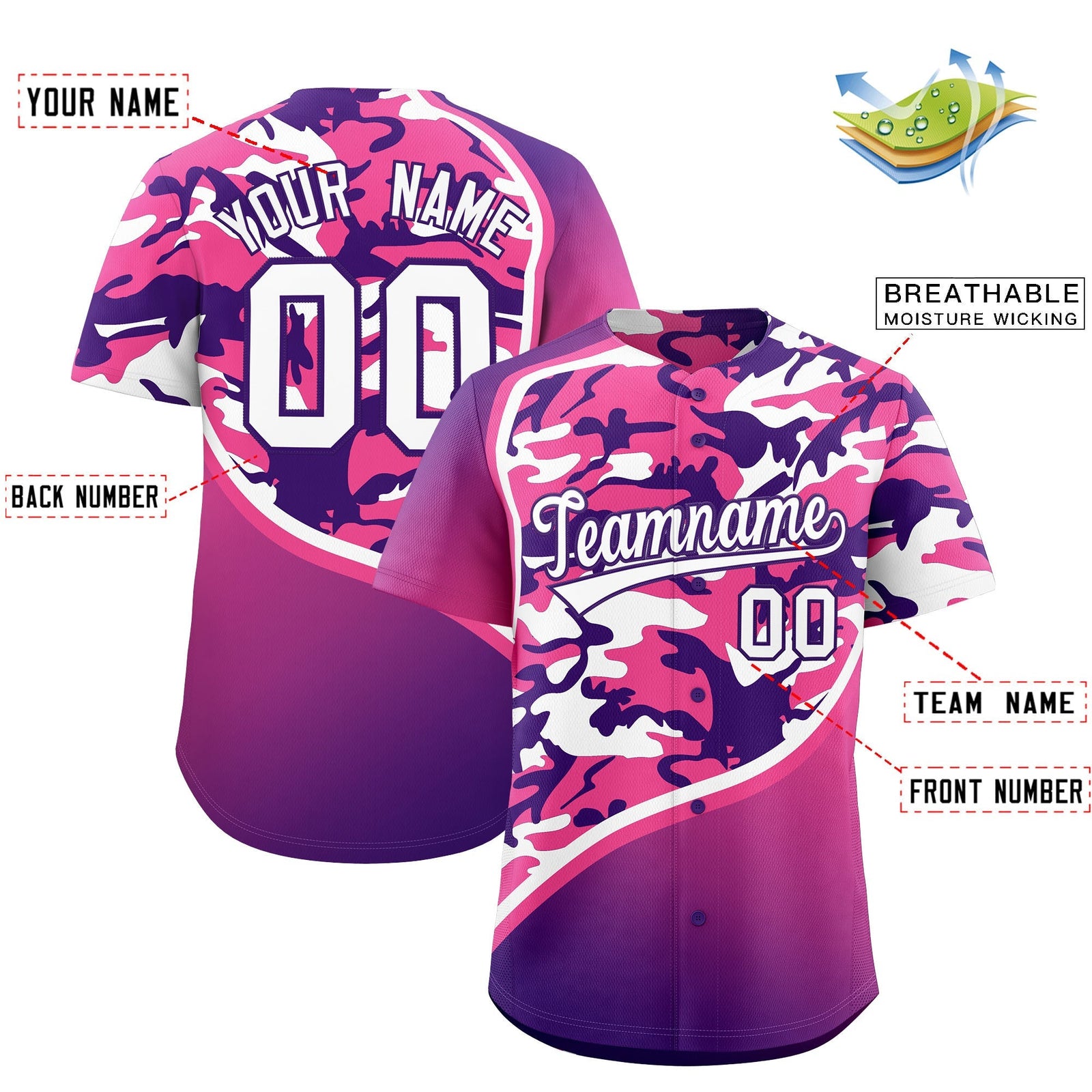Custom Pink Purple White Camo Gradient Fashion Baseball Jersey | Perfect for Training,Sublimation Printed & Stitched,Add Name and Numbern,Perfect for Teams | KXKSHOP