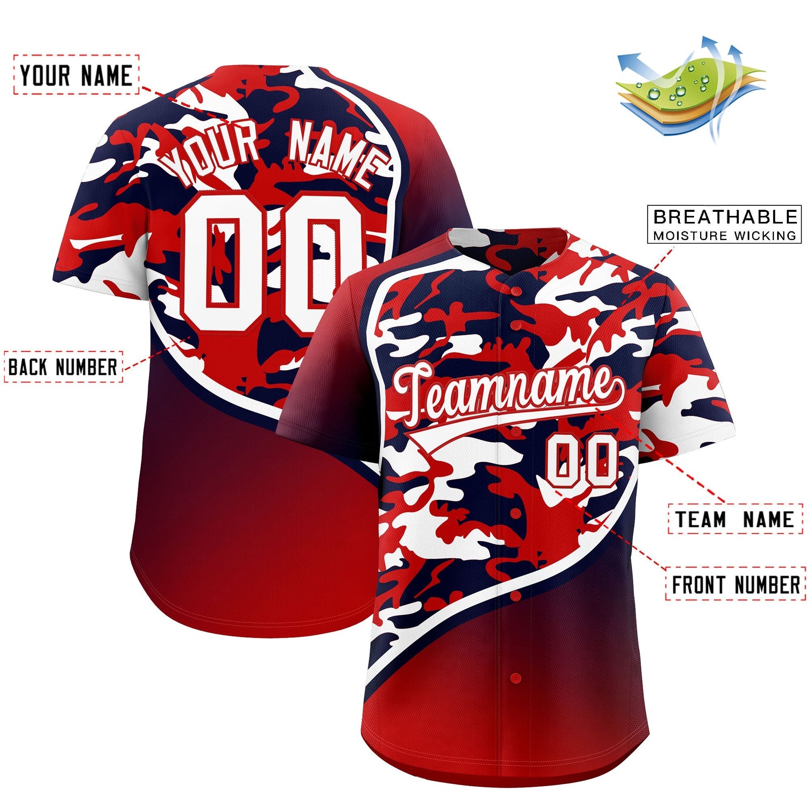 Custom Red Navy White Camo Gradient Fashion Baseball Jersey | Perfect for Training,Sublimation Printed & Stitched,Add Name and Numbern,Perfect for Teams | KXKSHOP