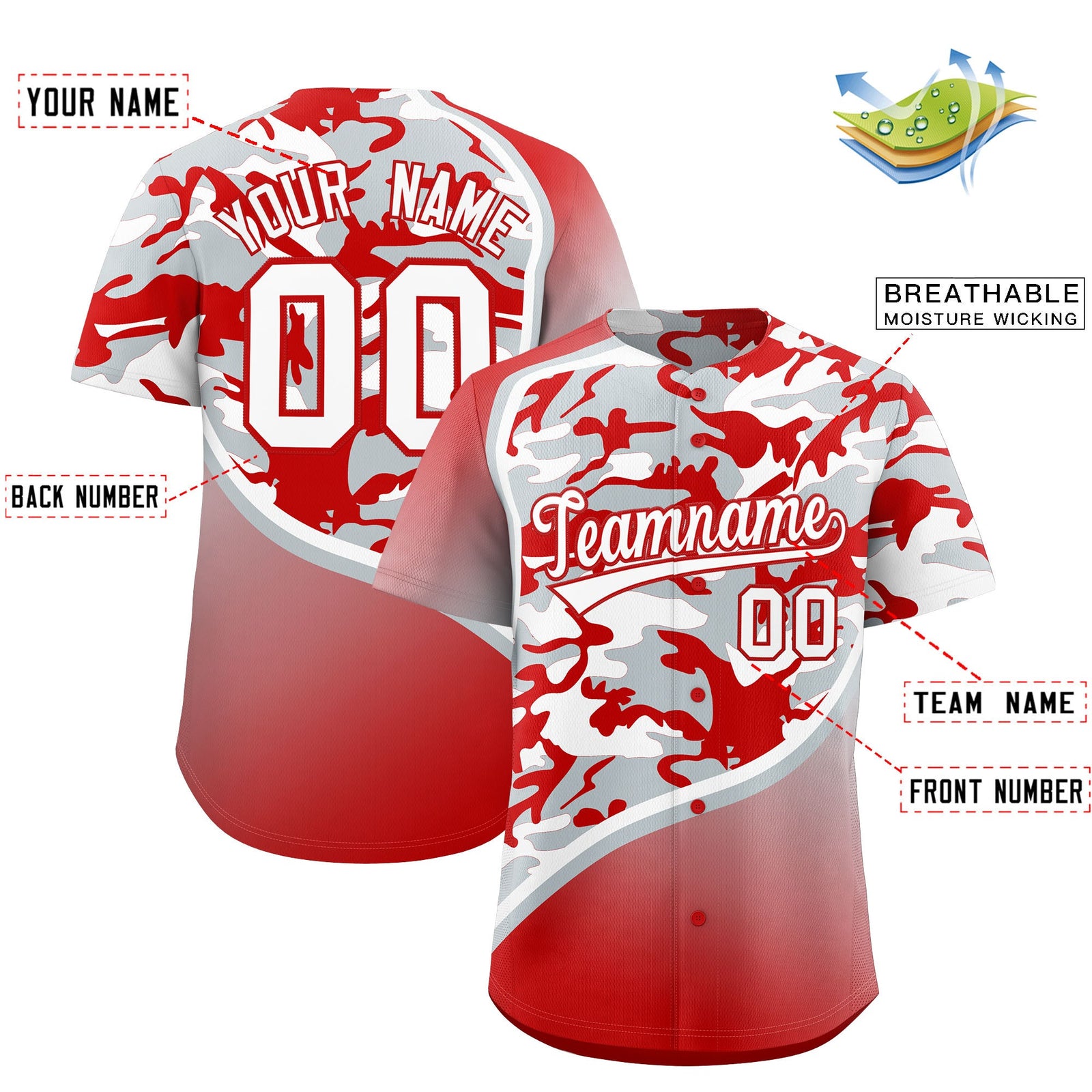 Custom Silver Red White Camo Gradient Fashion Baseball Jersey | Perfect for Training,Sublimation Printed & Stitched,Add Name and Numbern,Perfect for Teams | KXKSHOP