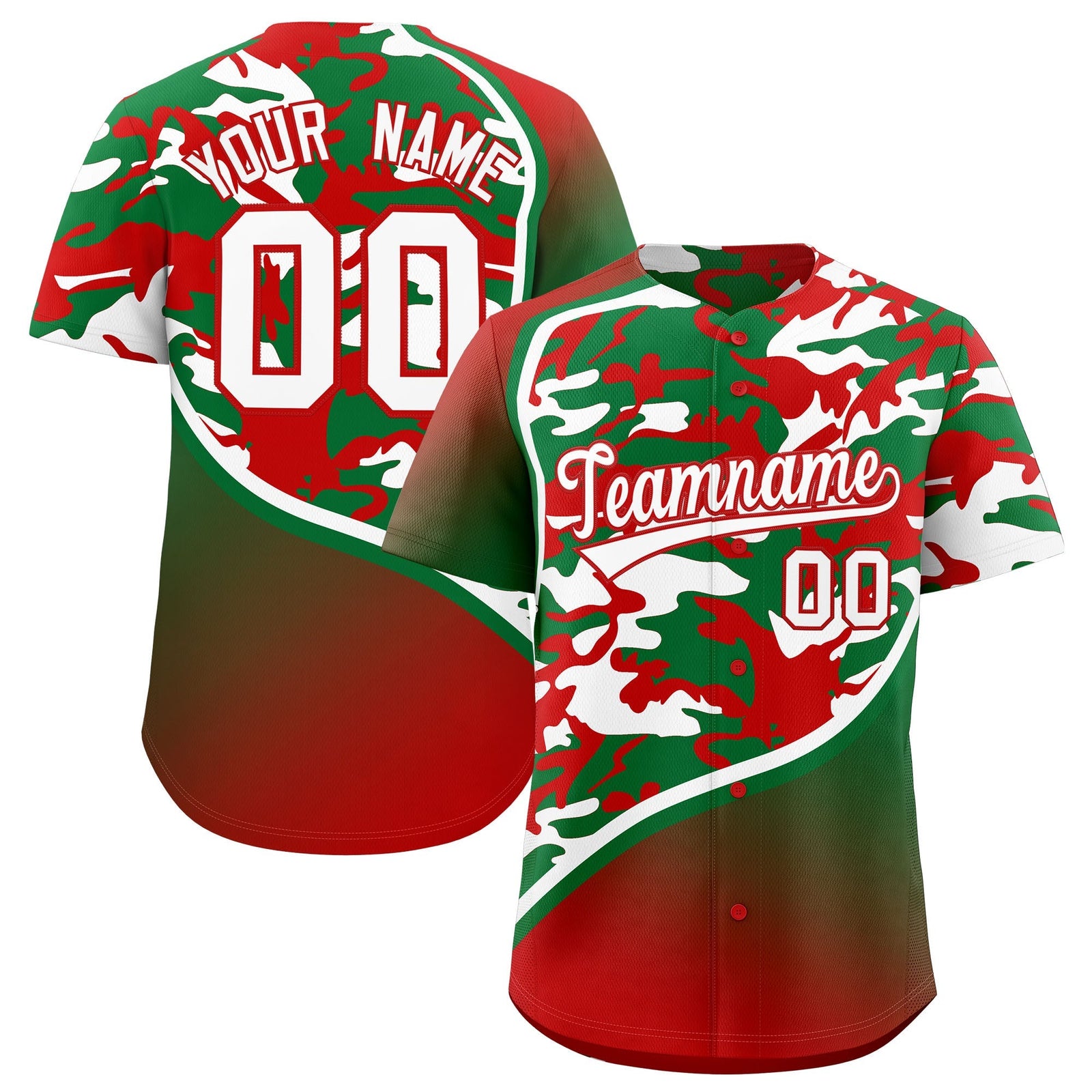 Custom Kelly Green Red White Camo Gradient Fashion Baseball Jersey | Perfect for Training,Sublimation Printed & Stitched,Add Name and Numbern,Perfect for Teams | KXKSHOP