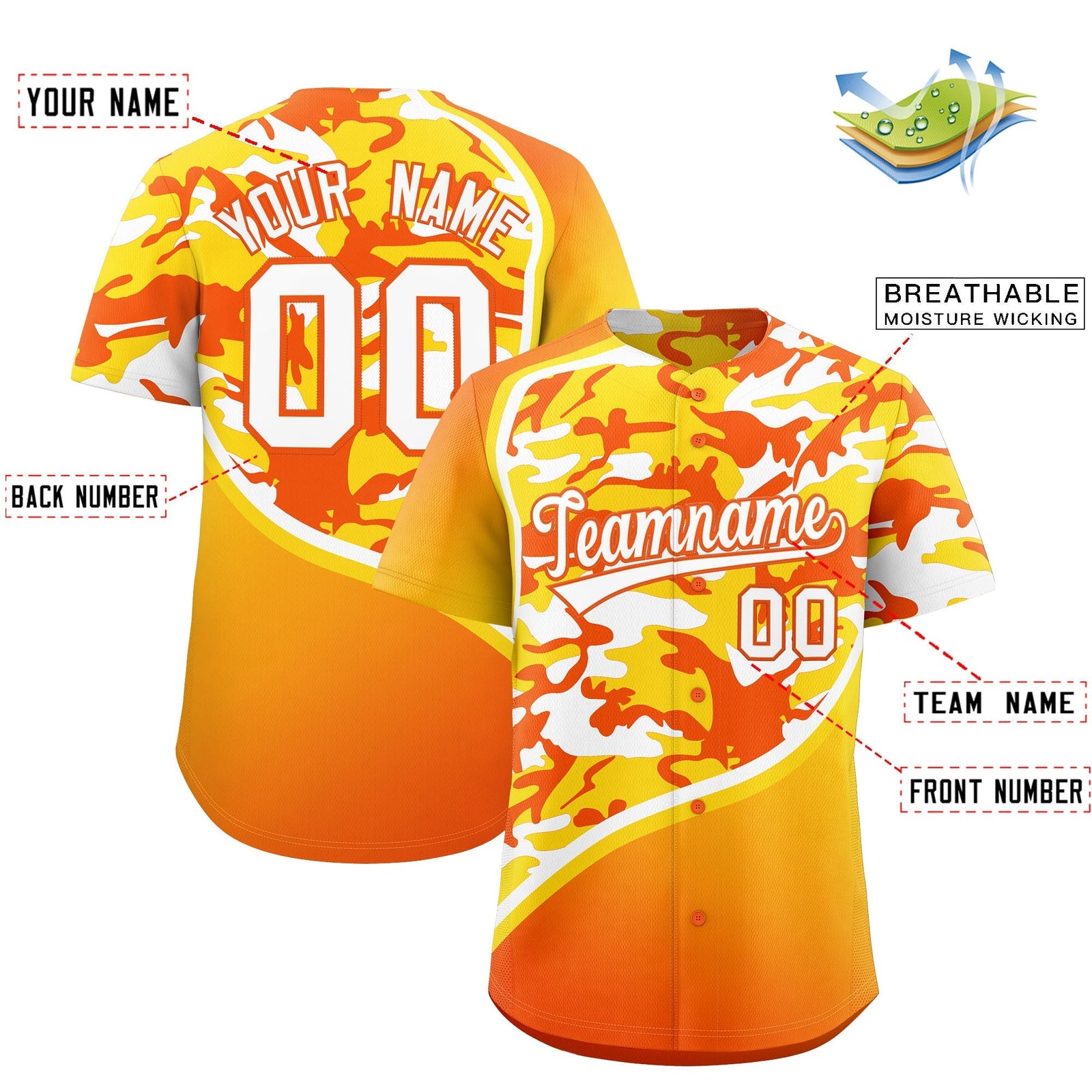Custom Gold Orange White Camo Gradient Fashion Baseball Jersey | Perfect for Training,Sublimation Printed & Stitched,Add Name and Numbern,Perfect for Teams | KXKSHOP