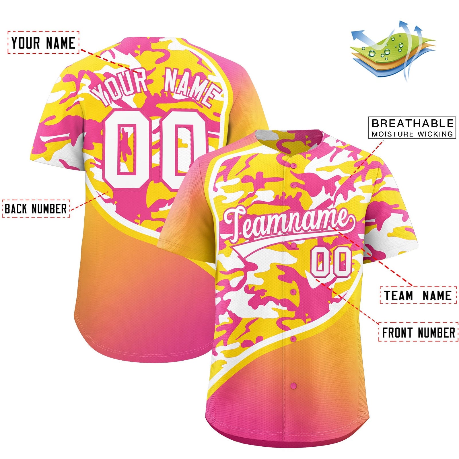 Custom Gold Pink White Camo Gradient Fashion Baseball Jersey | Perfect for Training,Sublimation Printed & Stitched,Add Name and Numbern,Perfect for Teams | KXKSHOP