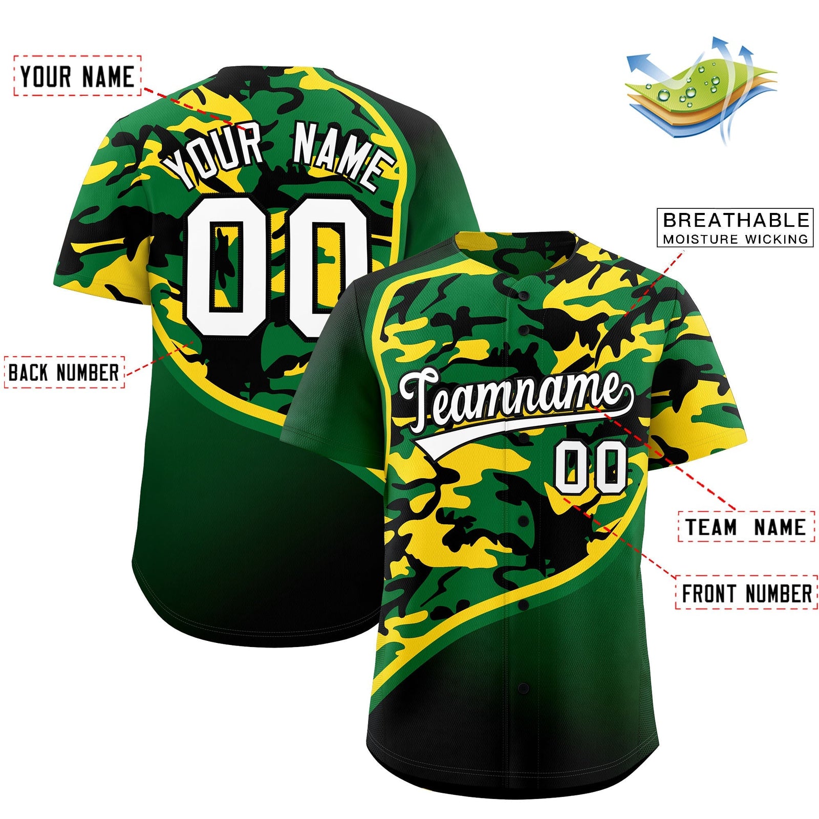 Custom Kelly Green Gold Black Camo Gradient Fashion Baseball Jersey | Perfect for Training,Sublimation Printed & Stitched,Add Name and Numbern,Perfect for Teams | KXKSHOP