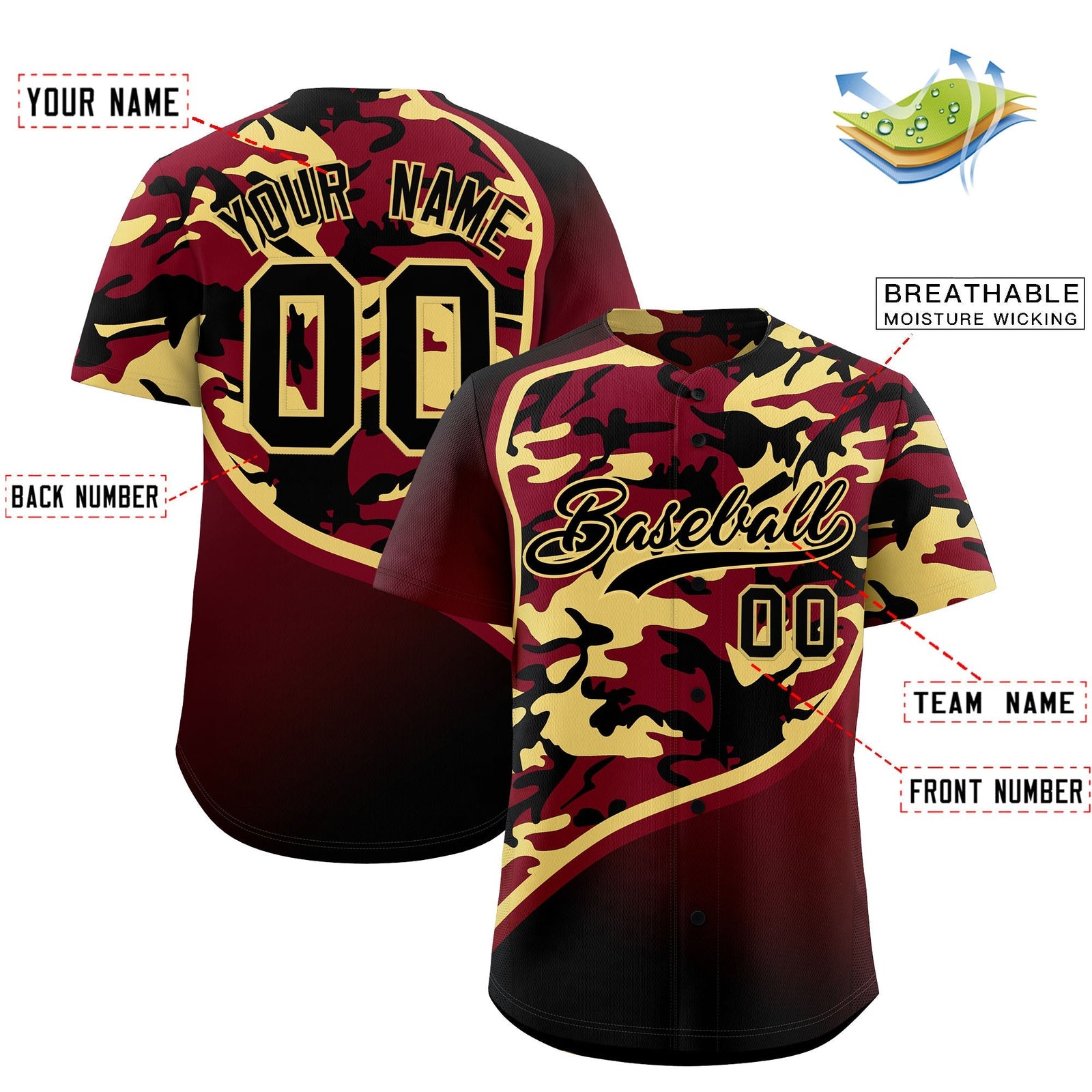 Custom Khaki Crimson Black Camo Gradient Fashion Baseball Jersey | Perfect for Training,Sublimation Printed & Stitched,Add Name and Numbern,Perfect for Teams | KXKSHOP