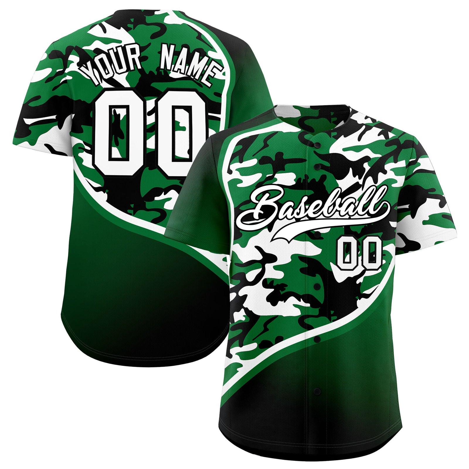 Custom Kelly Green White Black Camo Gradient Fashion Baseball Jersey | Perfect for Training,Sublimation Printed & Stitched,Add Name and Numbern,Perfect for Teams | KXKSHOP