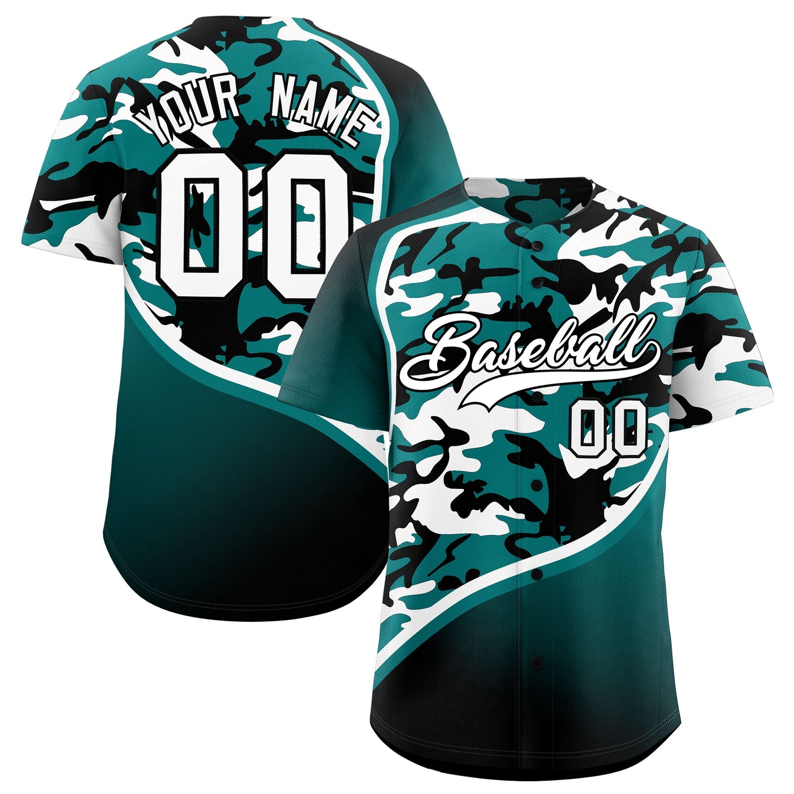 Custom Teal Black White Camo Gradient Fashion Baseball Jersey | Perfect for Training,Sublimation Printed & Stitched,Add Name and Numbern,Perfect for Teams | KXKSHOP