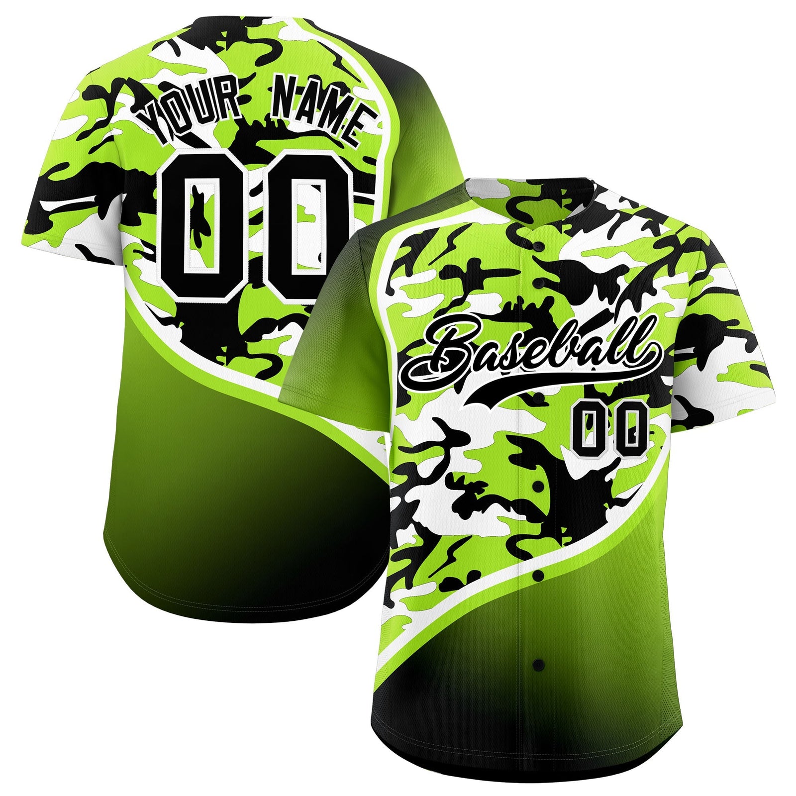 Custom Neon Green Black White Camo Gradient Fashion Baseball Jersey | Perfect for Training,Sublimation Printed & Stitched,Add Name and Numbern,Perfect for Teams | KXKSHOP