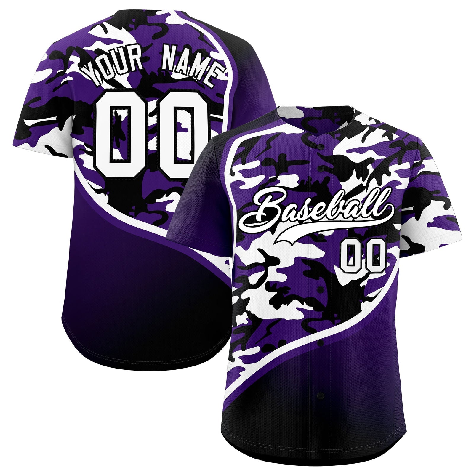 Custom Purple White Black Camo Gradient Fashion Baseball Jersey | Perfect for Training,Sublimation Printed & Stitched,Add Name and Numbern,Perfect for Teams | KXKSHOP
