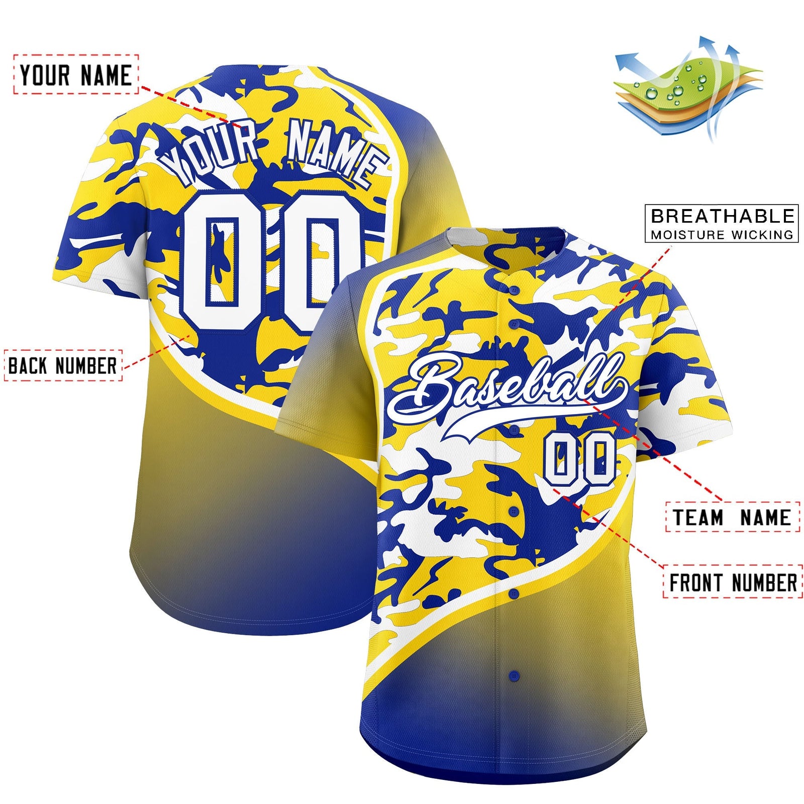Custom Gold Royal Blue White Camo Gradient Fashion Baseball Jersey | Perfect for Training,Sublimation Printed & Stitched,Add Name and Numbern,Perfect for Teams | KXKSHOP