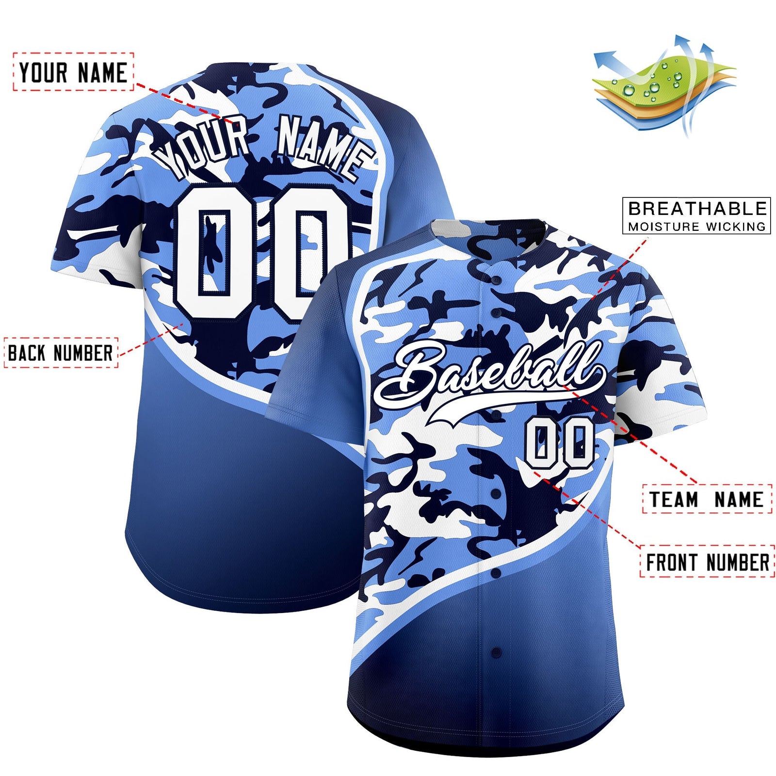 Custom Light Blue Navy White Camo Gradient Fashion Baseball Jersey | Perfect for Training,Sublimation Printed & Stitched,Add Name and Numbern,Perfect for Teams | KXKSHOP