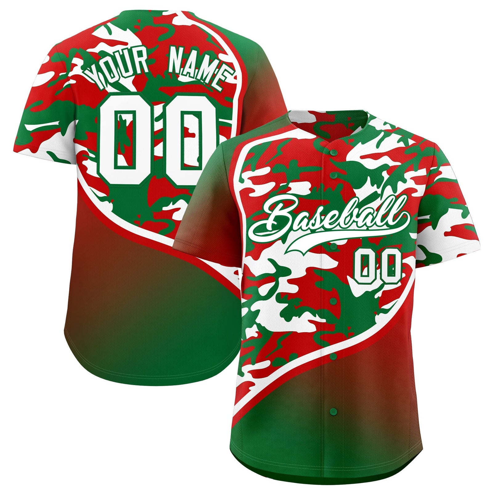 Custom Red Kelly Green White Camo Gradient Fashion Baseball Jersey | Perfect for Training,Sublimation Printed & Stitched,Add Name and Numbern,Perfect for Teams | KXKSHOP