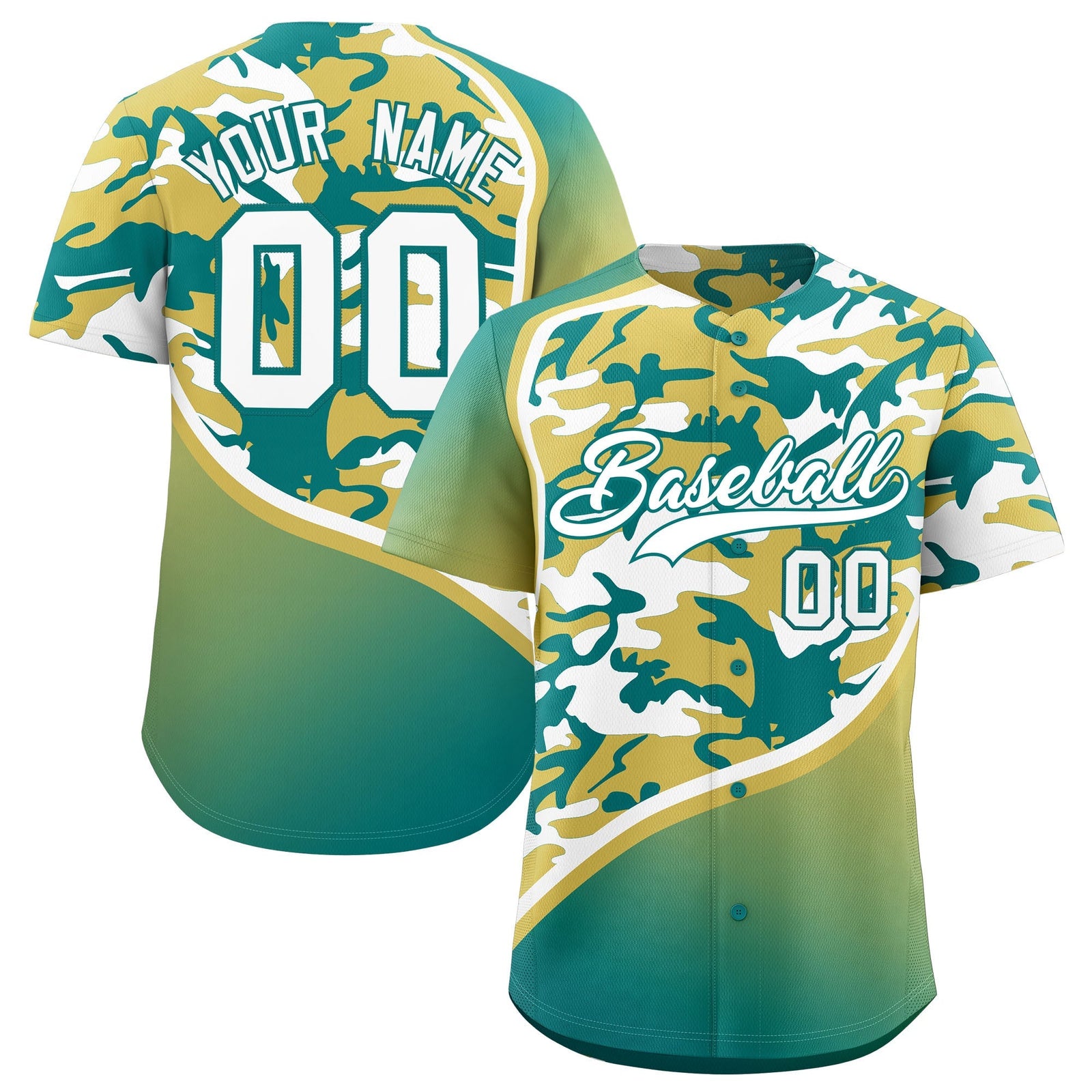 Custom Old Gold Teal White Camo Gradient Fashion Baseball Jersey | Perfect for Training,Sublimation Printed & Stitched,Add Name and Numbern,Perfect for Teams | KXKSHOP