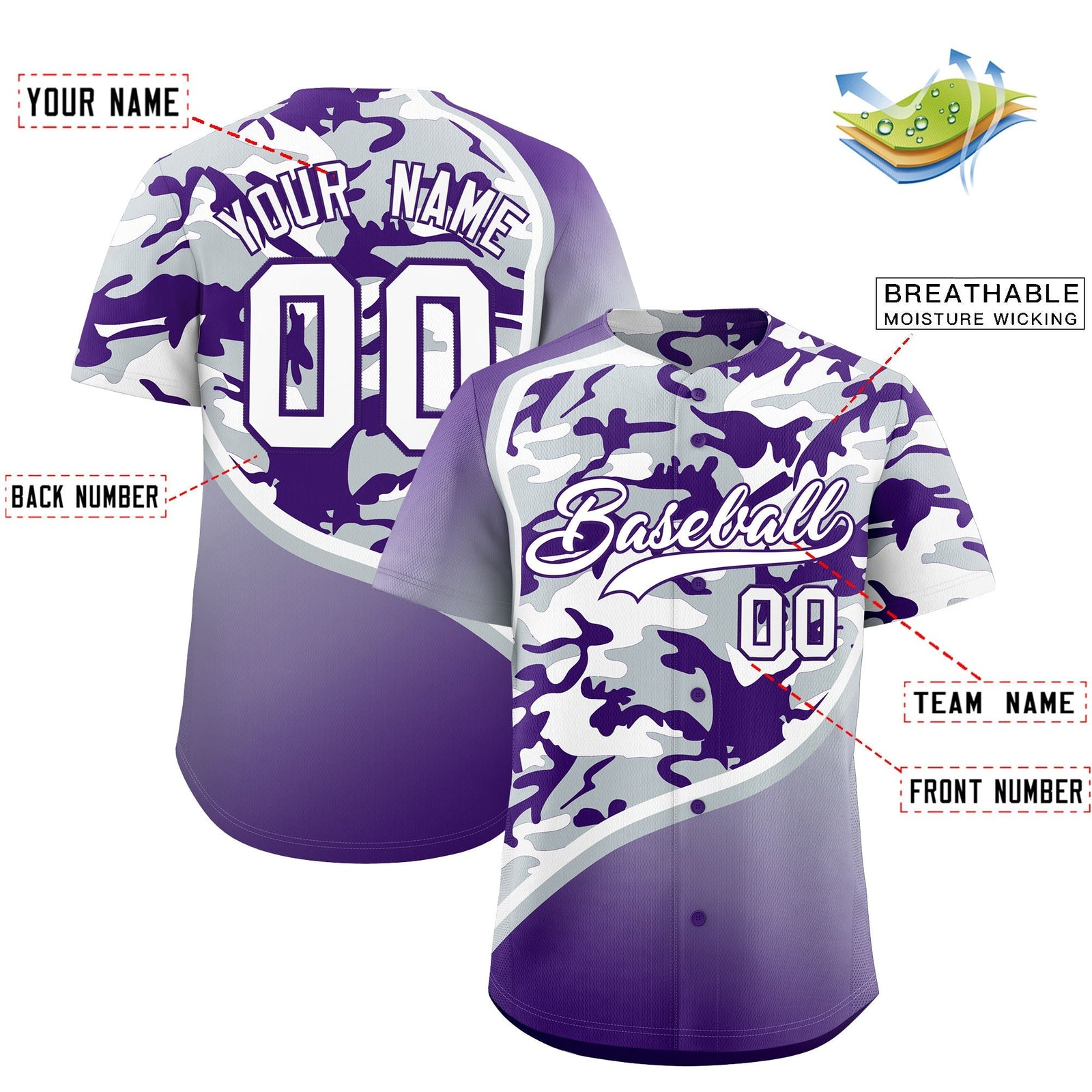 Custom Silver Purple White Camo Gradient Fashion Baseball Jersey | Perfect for Training,Sublimation Printed & Stitched,Add Name and Numbern,Perfect for Teams | KXKSHOP