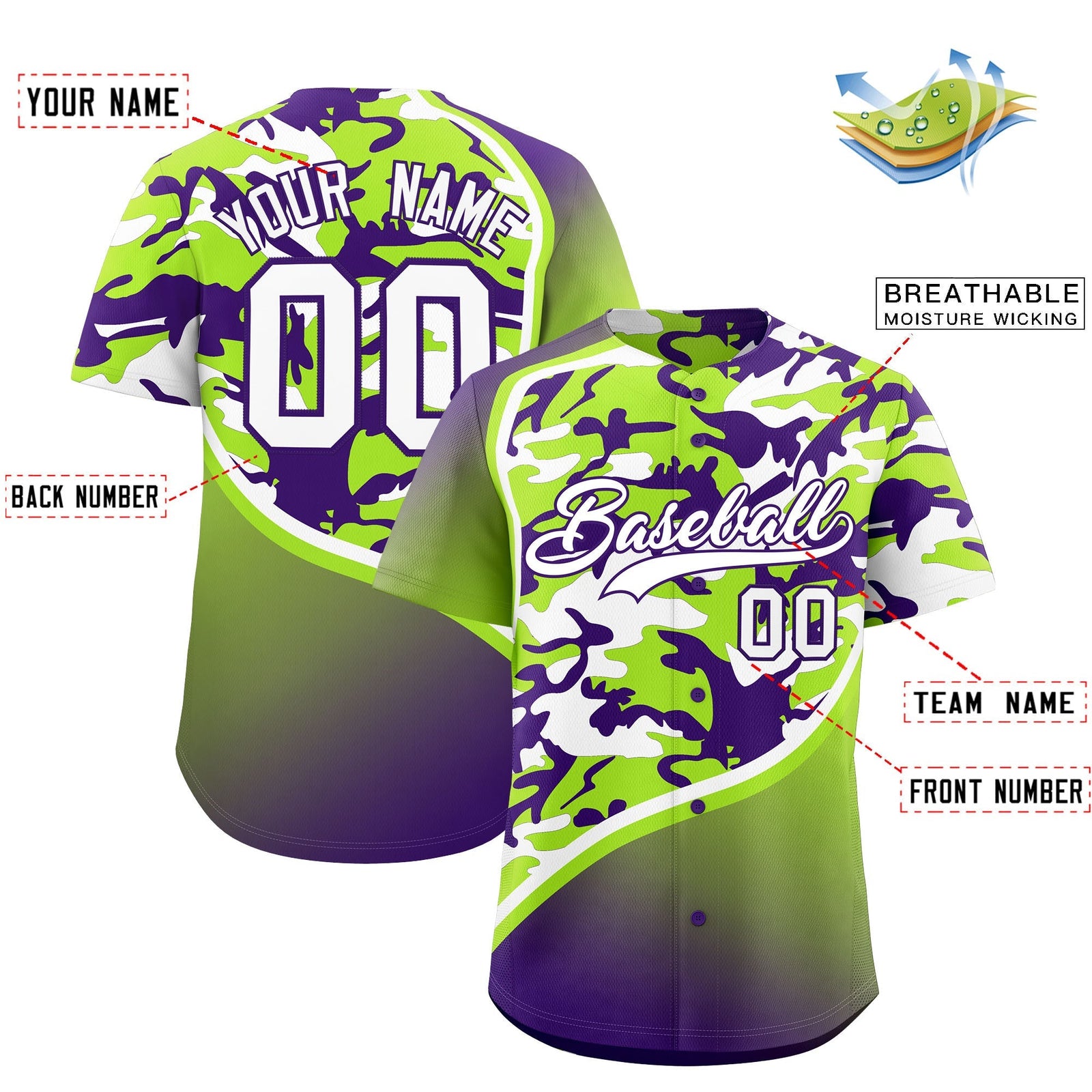Custom Neon Green Purple White Camo Gradient Fashion Baseball Jersey | Perfect for Training,Sublimation Printed & Stitched,Add Name and Numbern,Perfect for Teams | KXKSHOP