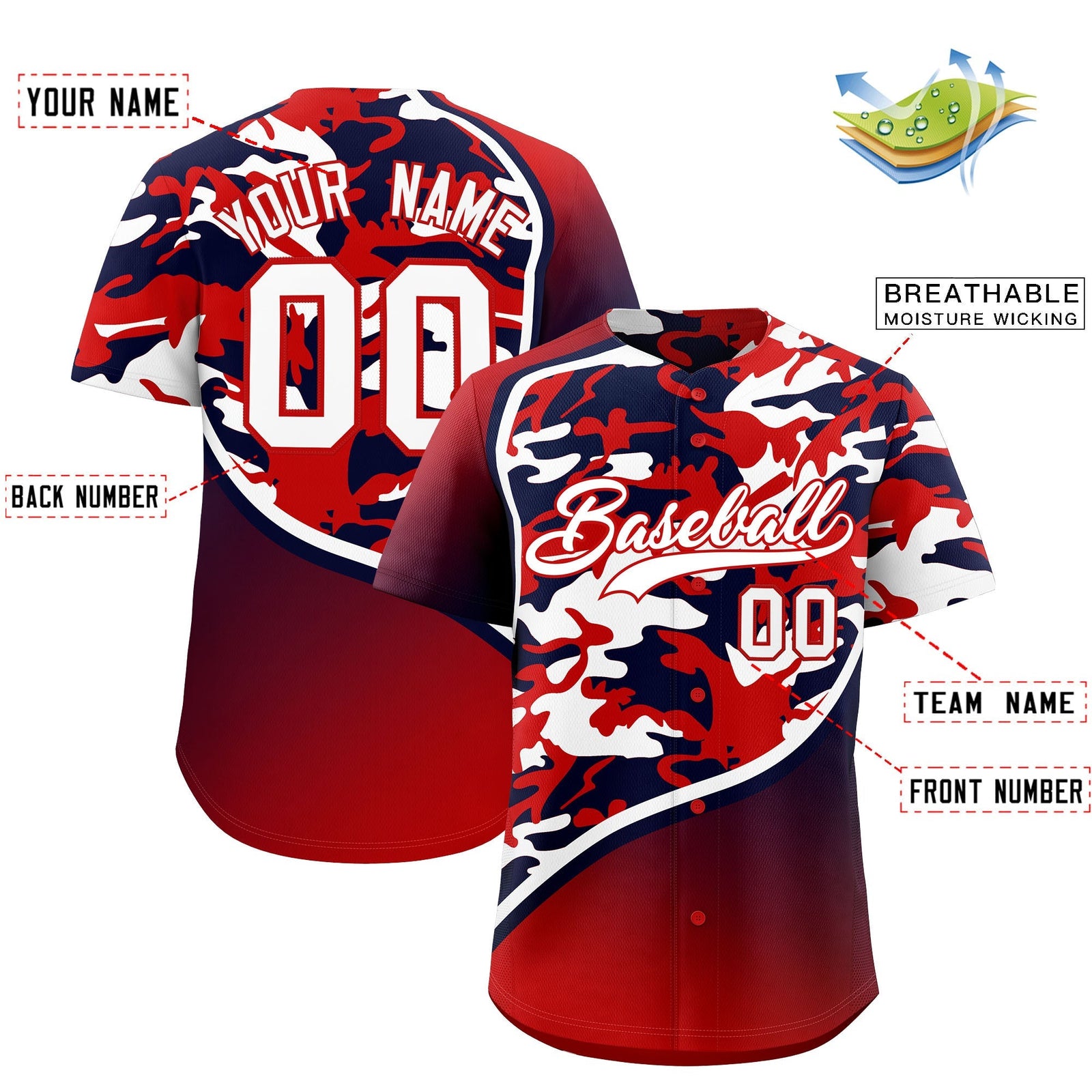 Custom Red Navy White Camo Gradient Fashion Baseball Jersey | Perfect for Training,Sublimation Printed & Stitched,Add Name and Numbern,Perfect for Teams | KXKSHOP