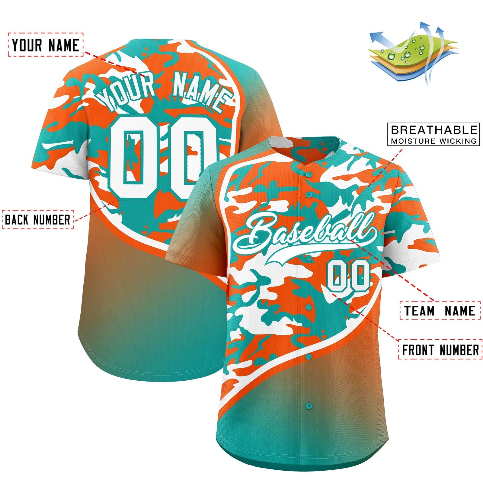 Custom Aqua Orange White Camo Gradient Fashion Baseball Jersey | Perfect for Training,Sublimation Printed & Stitched,Add Name and Numbern,Perfect for Teams | KXKSHOP