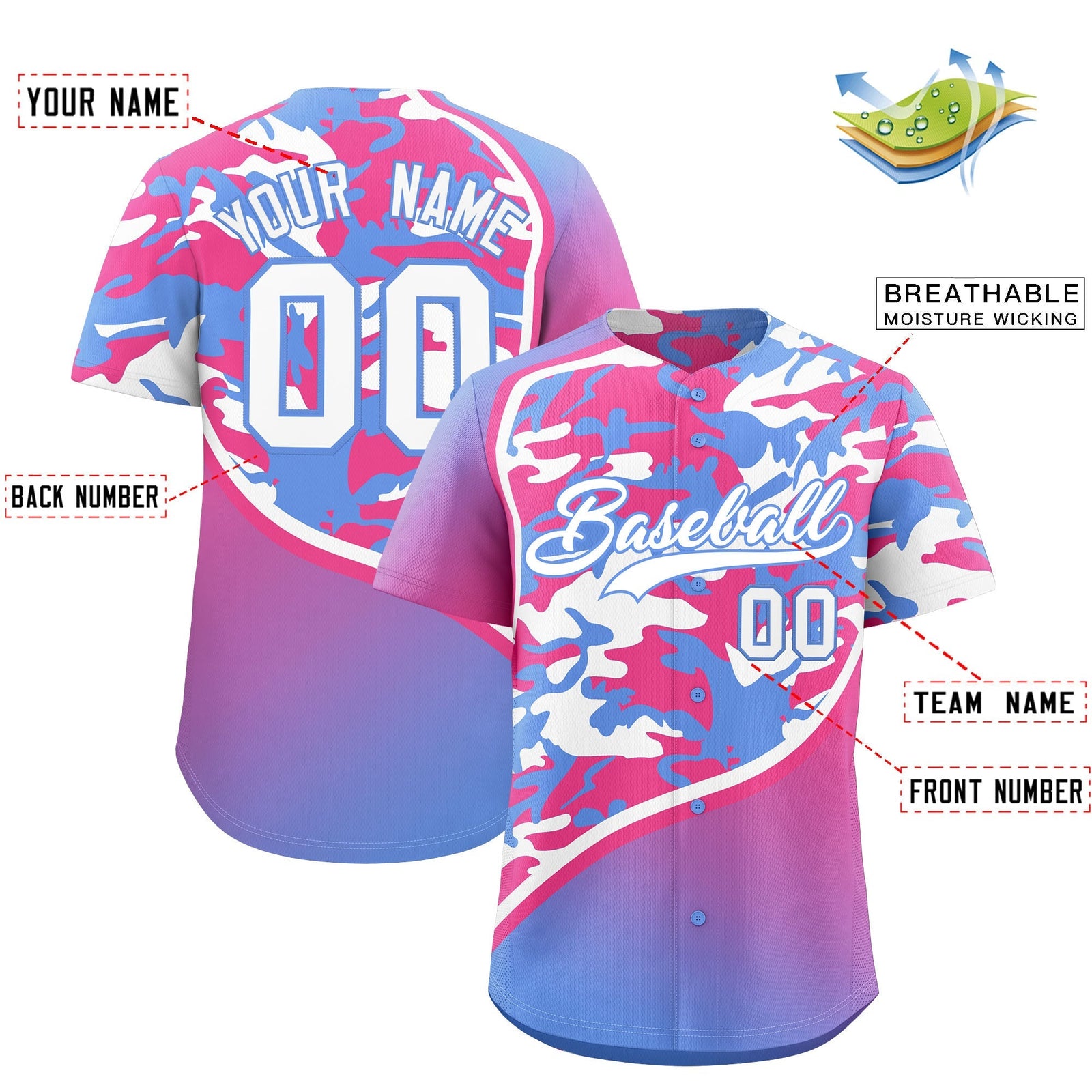 Custom Pink Light Blue White Camo Gradient Fashion Baseball Jersey | Perfect for Training,Sublimation Printed & Stitched,Add Name and Numbern,Perfect for Teams | KXKSHOP