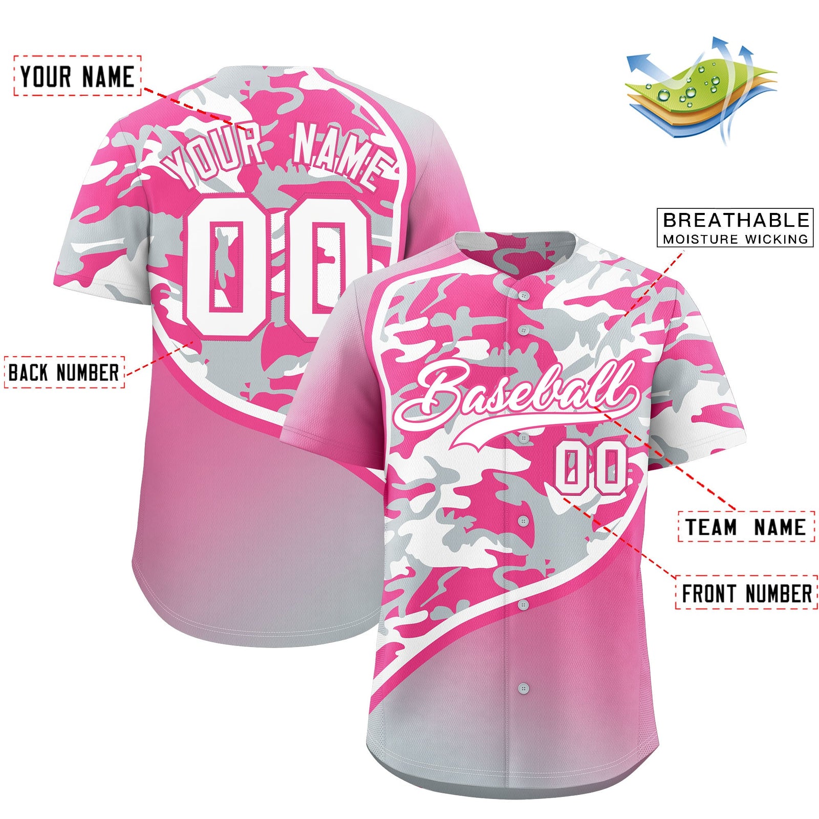 Custom Pink Silver White Camo Gradient Fashion Baseball Jersey