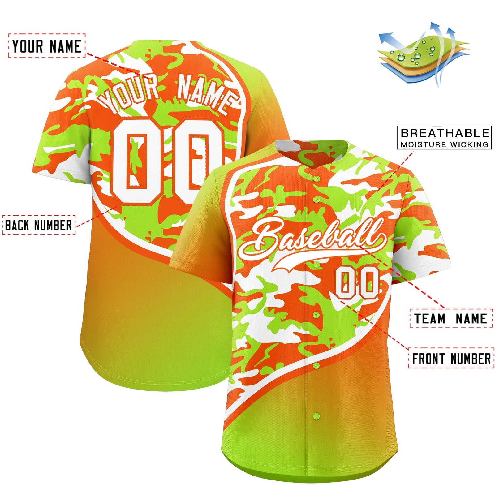 Custom Neon Green Orange White Camo Gradient Fashion Baseball Jersey | Perfect for Training,Sublimation Printed & Stitched,Add Name and Numbern,Perfect for Teams | KXKSHOP