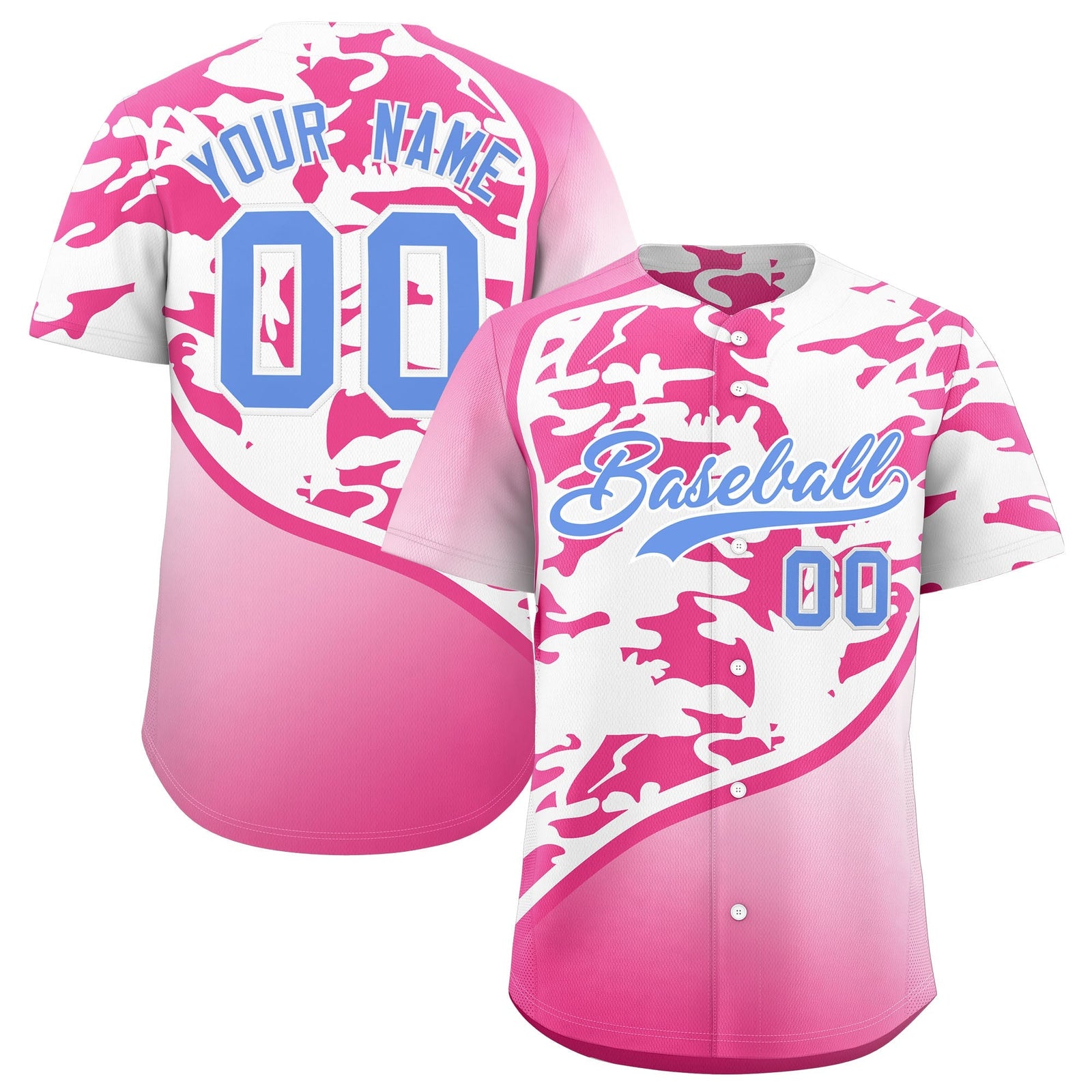 Custom White Pink Light Blue Camo Gradient Fashion Baseball Jersey | Perfect for Training,Sublimation Printed & Stitched,Add Name and Numbern,Perfect for Teams | KXKSHOP