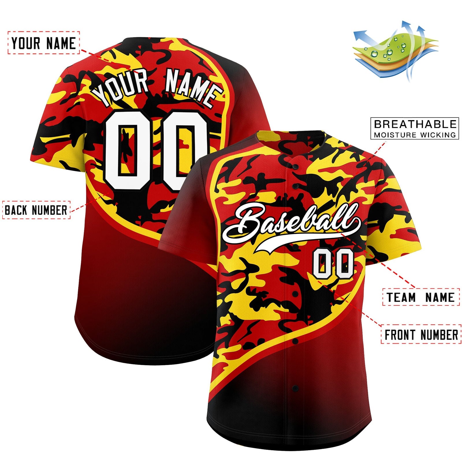 Custom Red Gold Black Camo Gradient Fashion Baseball Jersey | Perfect for Training,Sublimation Printed & Stitched,Add Name and Numbern,Perfect for Teams | KXKSHOP