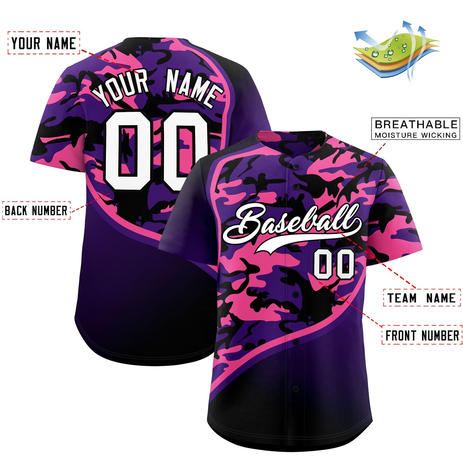 Custom Purple Pink Black Camo Gradient Fashion Baseball Jersey | Perfect for Training,Sublimation Printed & Stitched,Add Name and Numbern,Perfect for Teams | KXKSHOP