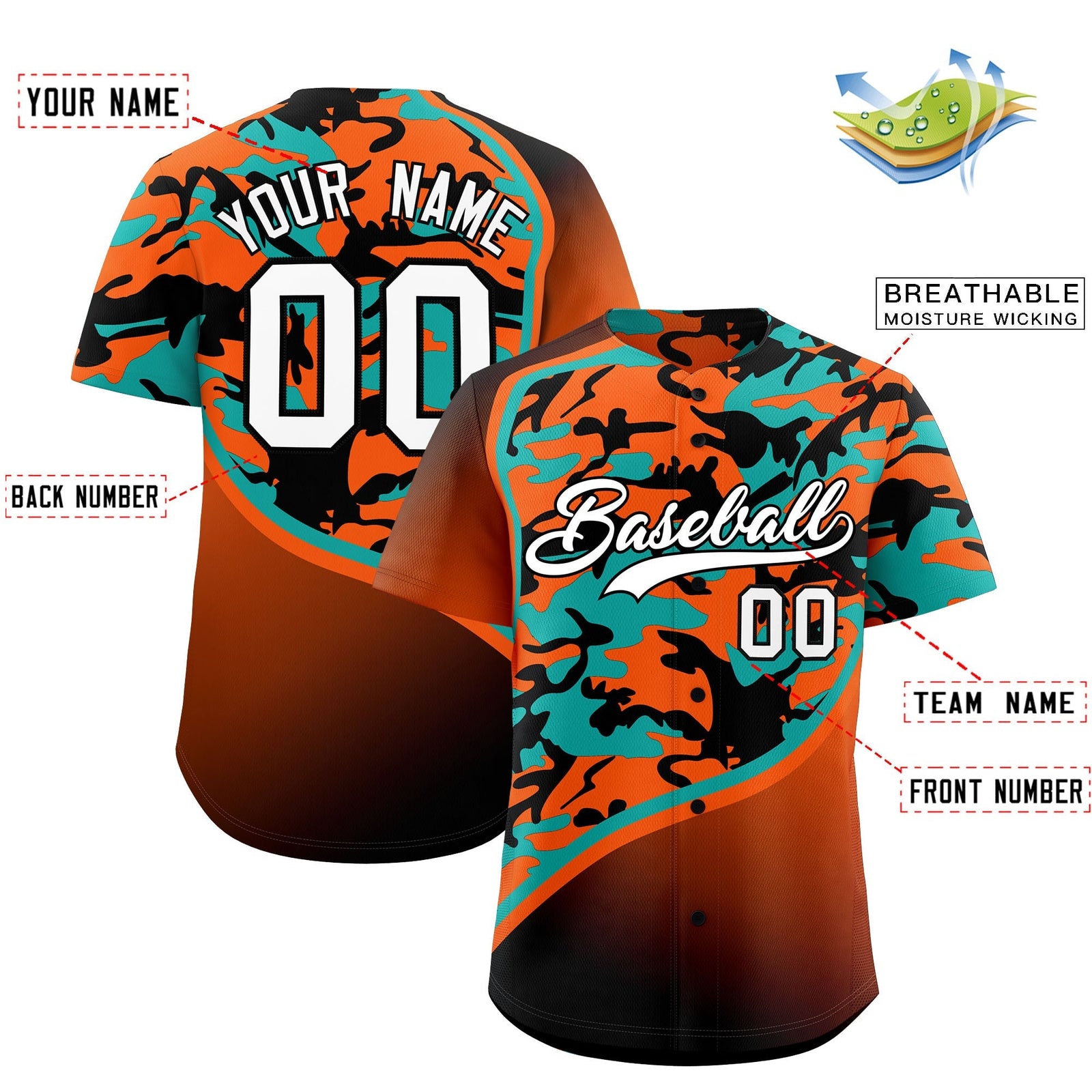 Custom Orange Aqua Black Camo Gradient Fashion Baseball Jersey | Perfect for Training,Sublimation Printed & Stitched,Add Name and Numbern,Perfect for Teams | KXKSHOP