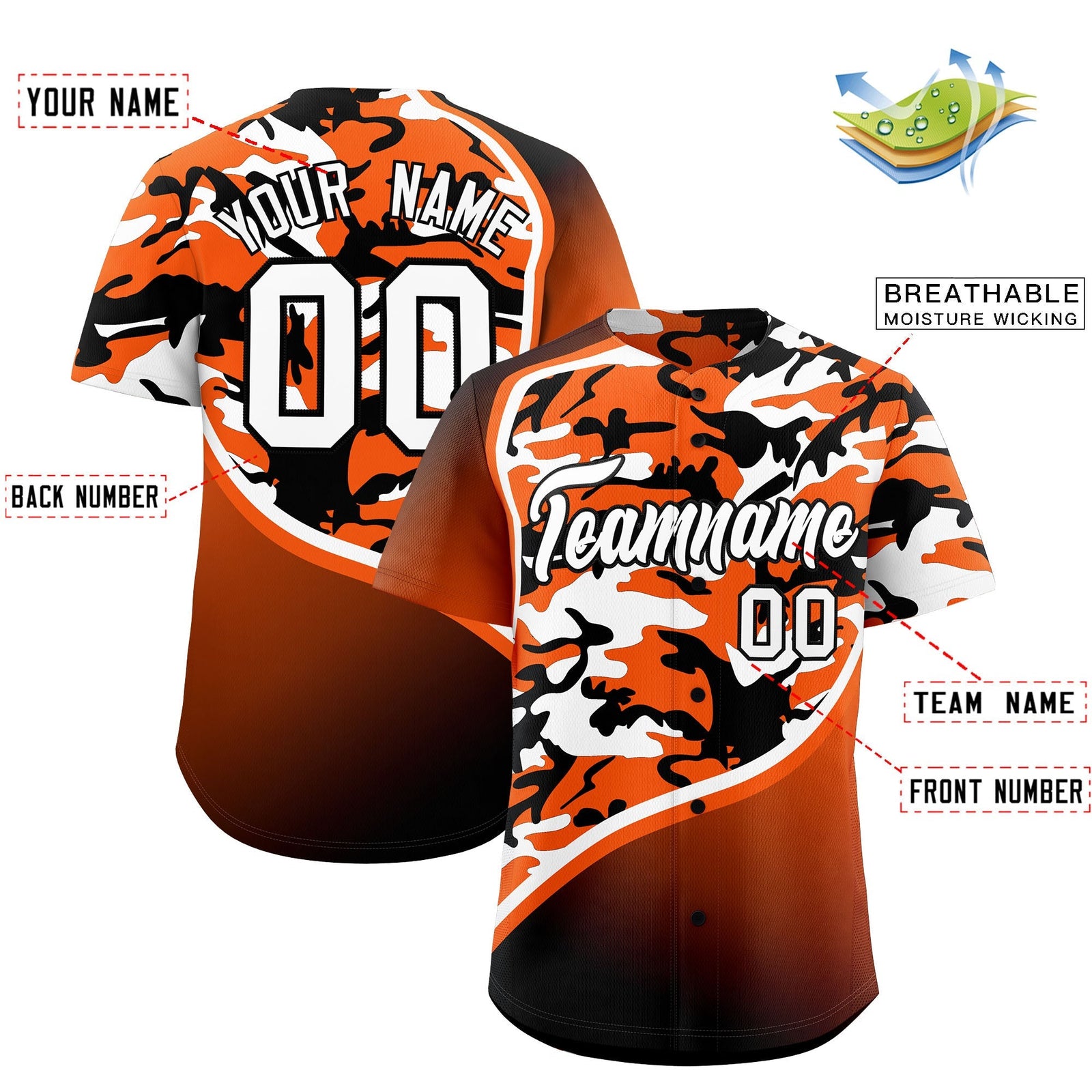 Custom Orange White Black Camo Gradient Fashion Baseball Jersey | Perfect for Training,Sublimation Printed & Stitched,Add Name and Numbern,Perfect for Teams | KXKSHOP