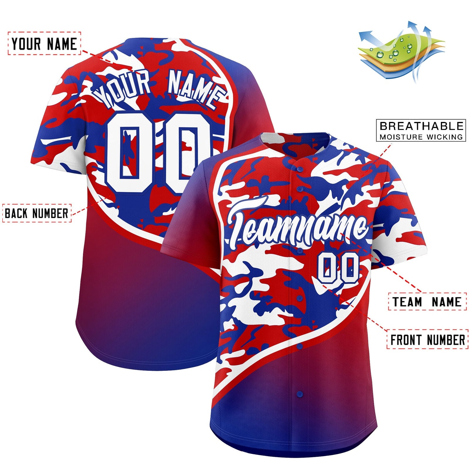 Custom Red White Royal Blue Camo Gradient Fashion Baseball Jersey | Perfect for Training,Sublimation Printed & Stitched,Add Name and Numbern,Perfect for Teams | KXKSHOP