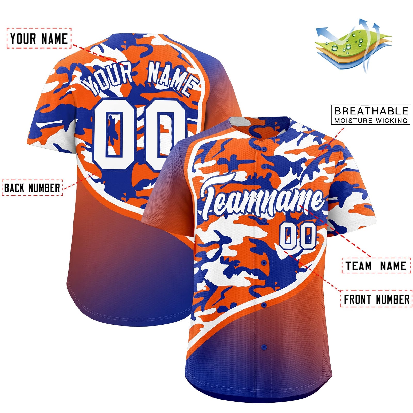 Custom Orange Royal Blue White Camo Gradient Fashion Baseball Jersey | Perfect for Training,Sublimation Printed & Stitched,Add Name and Numbern,Perfect for Teams | KXKSHOP
