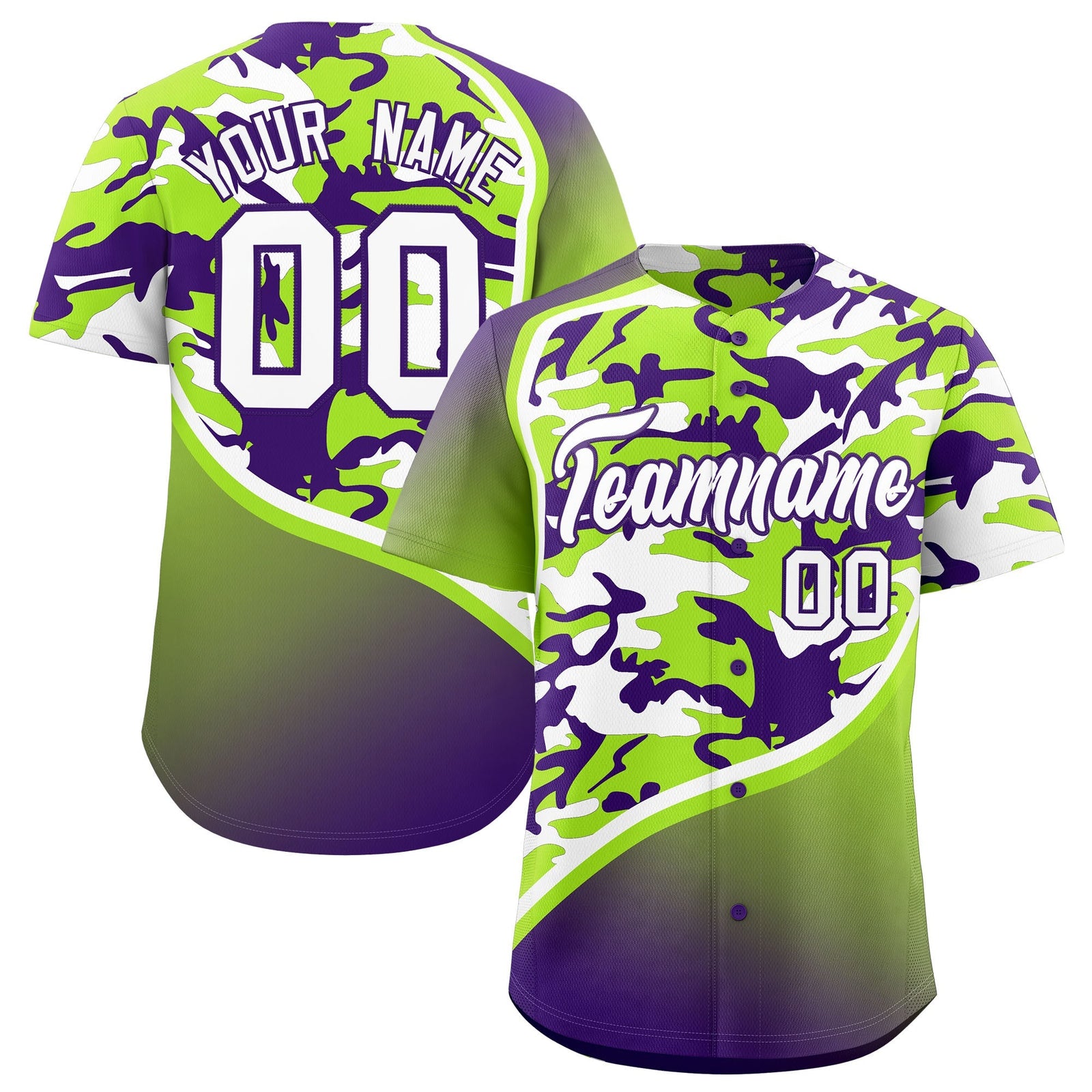 Custom Neon Green Purple White Camo Gradient Fashion Baseball Jersey | Perfect for Training,Sublimation Printed & Stitched,Add Name and Numbern,Perfect for Teams | KXKSHOP