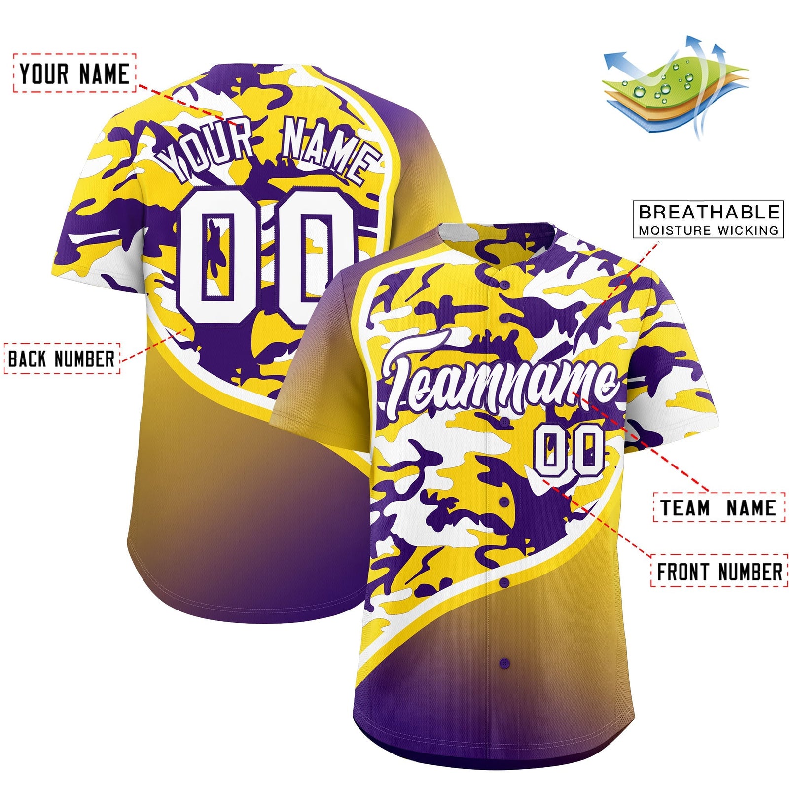 Custom Gold Purple White Camo Gradient Fashion Baseball Jersey | Perfect for Training,Sublimation Printed & Stitched,Add Name and Numbern,Perfect for Teams | KXKSHOP
