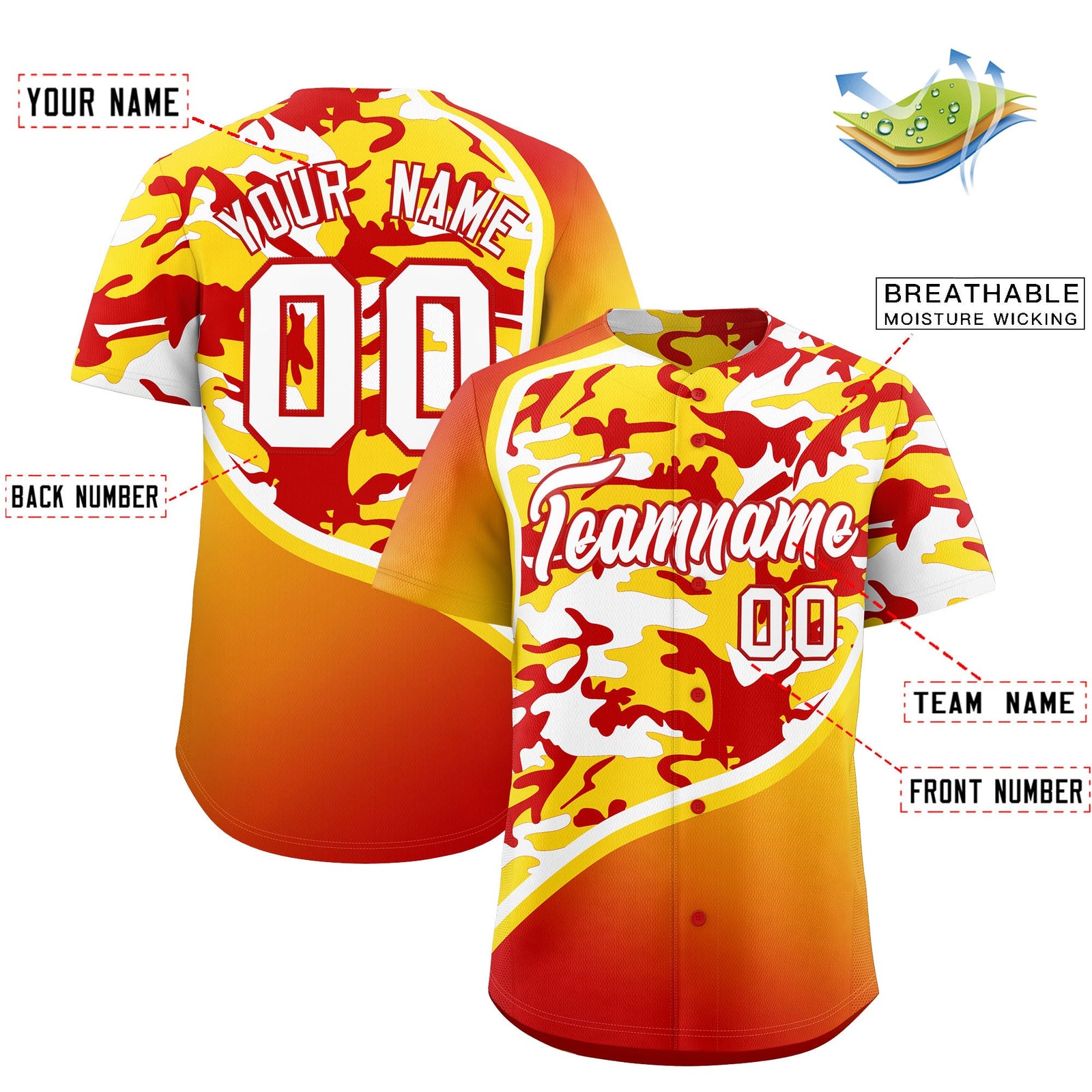 Custom Gold Red White Camo Gradient Fashion Baseball Jersey