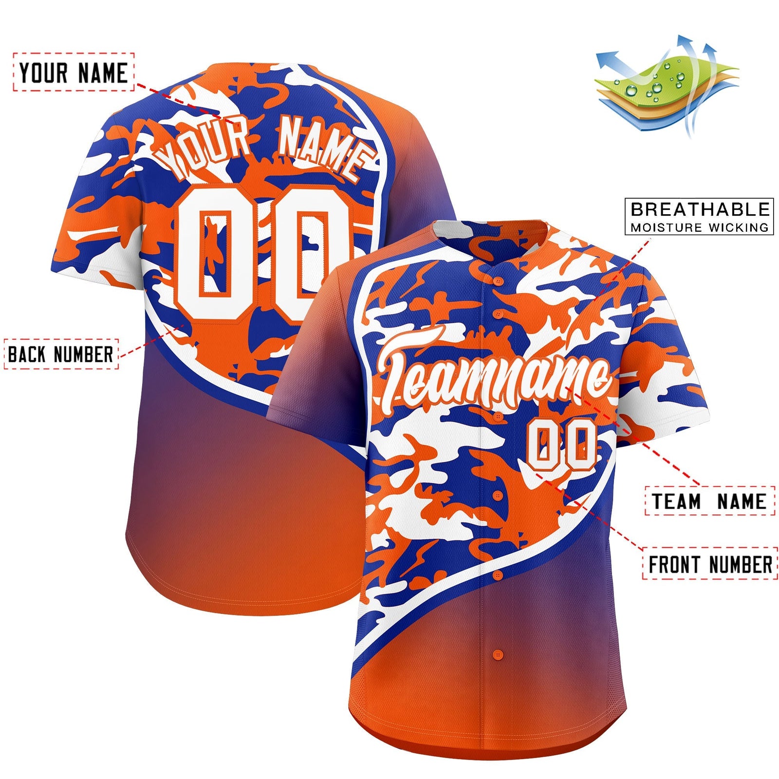 Custom Royal Blue Orange White Camo Gradient Fashion Baseball Jersey | Perfect for Training,Sublimation Printed & Stitched,Add Name and Numbern,Perfect for Teams | KXKSHOP