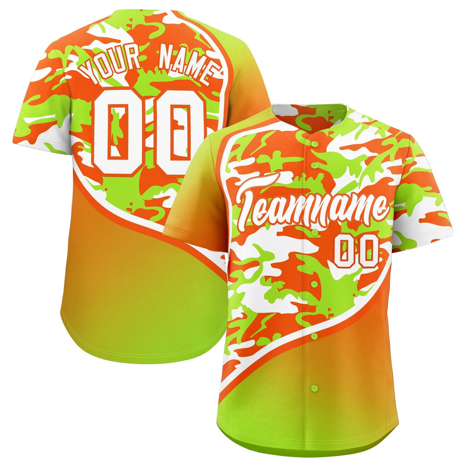 Custom Neon Green Orange White Camo Gradient Fashion Baseball Jersey | Perfect for Training,Sublimation Printed & Stitched,Add Name and Numbern,Perfect for Teams | KXKSHOP