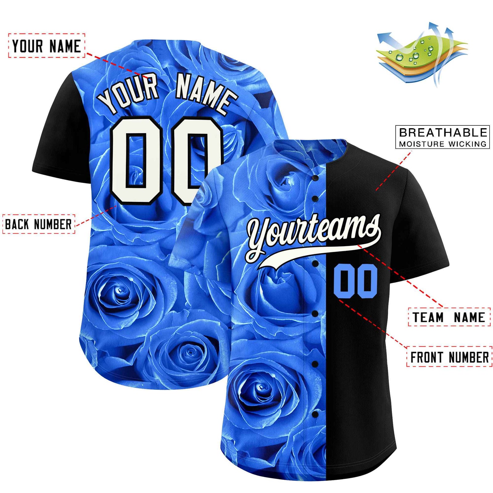 Custom Powder Blue Black Split Rose Print Authentic Baseball Jersey