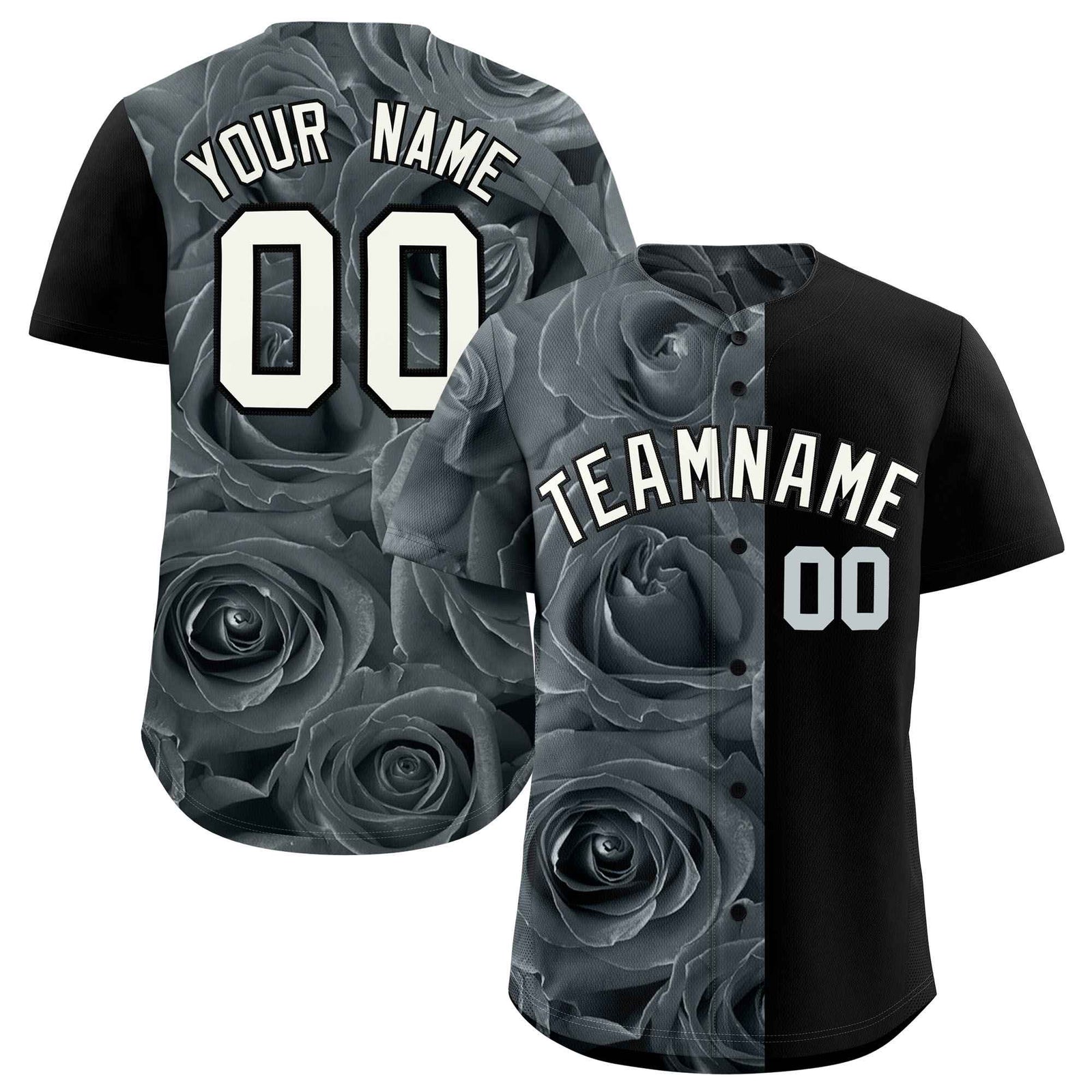 Custom Silver Black Split Rose Print Authentic Baseball Jersey