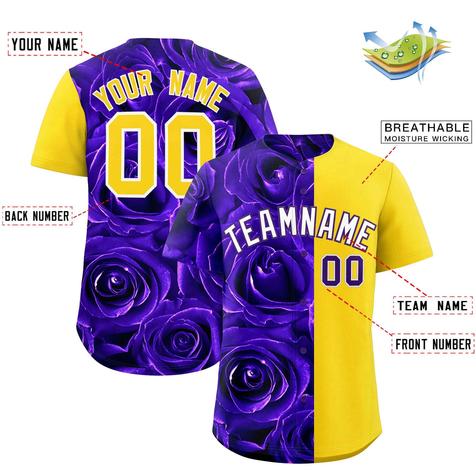 Custom Purple Gold Split Rose Print Authentic Baseball Jersey