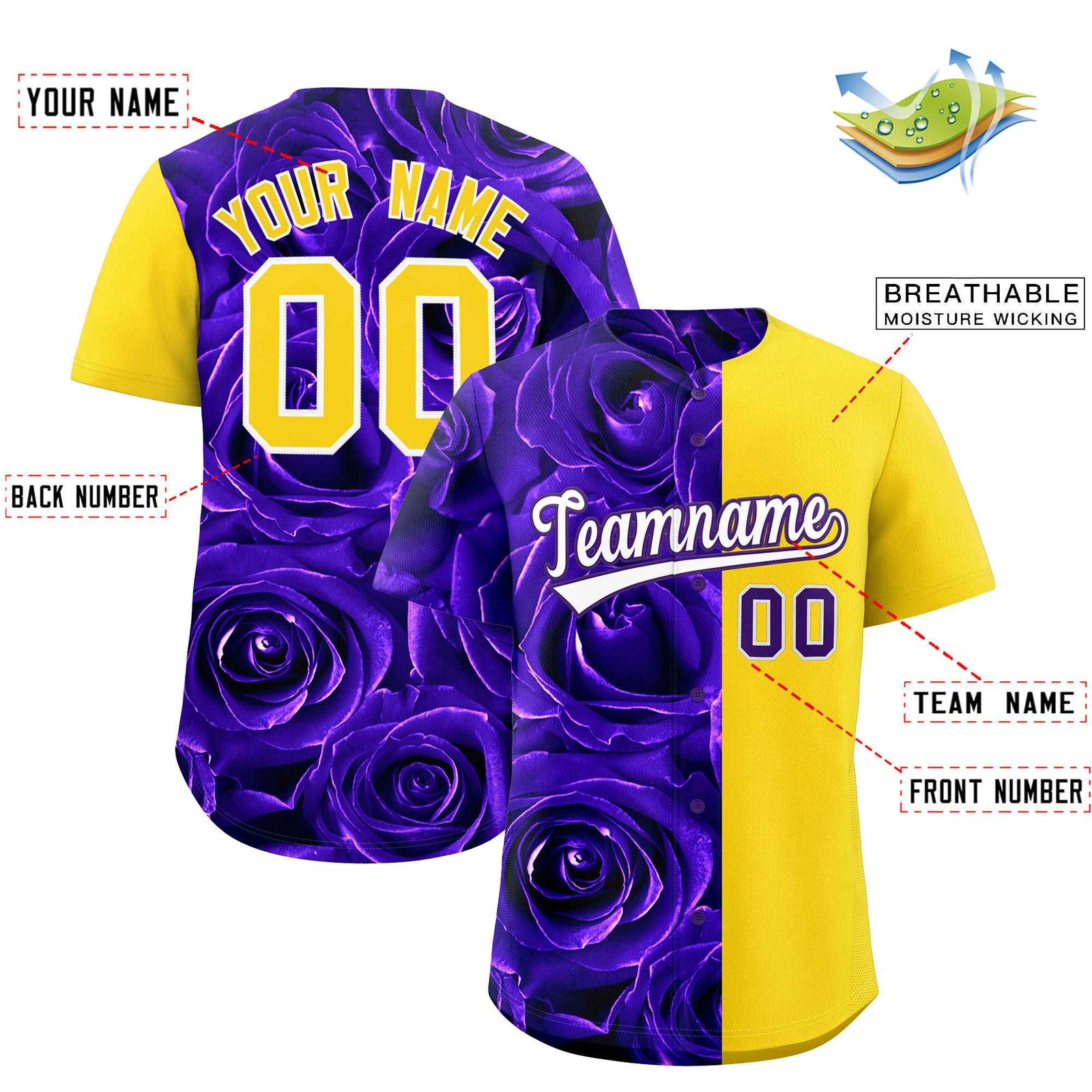 Custom Purple Gold Split Rose Print Authentic Baseball Jersey