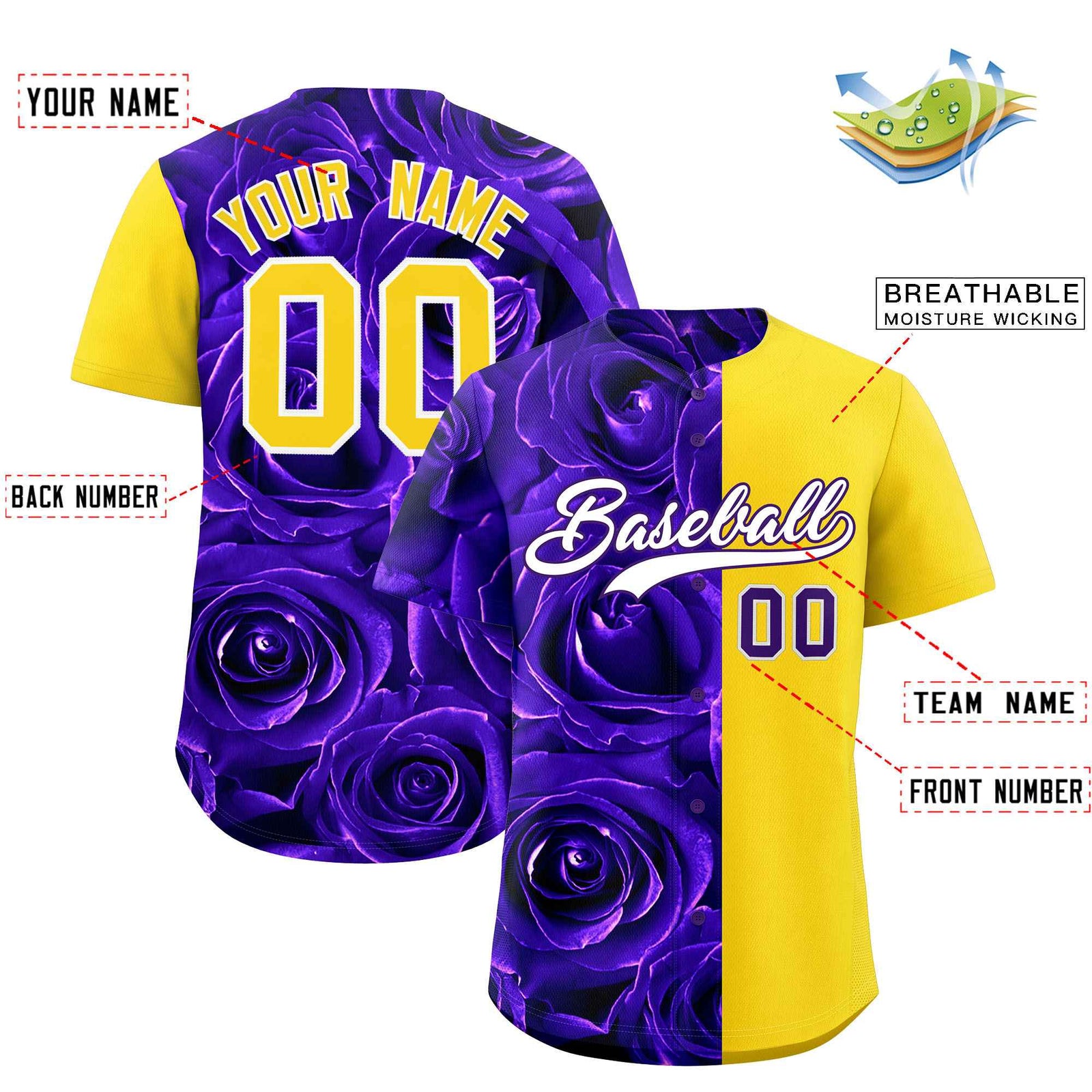 Custom Purple Gold Split Rose Print Authentic Baseball Jersey