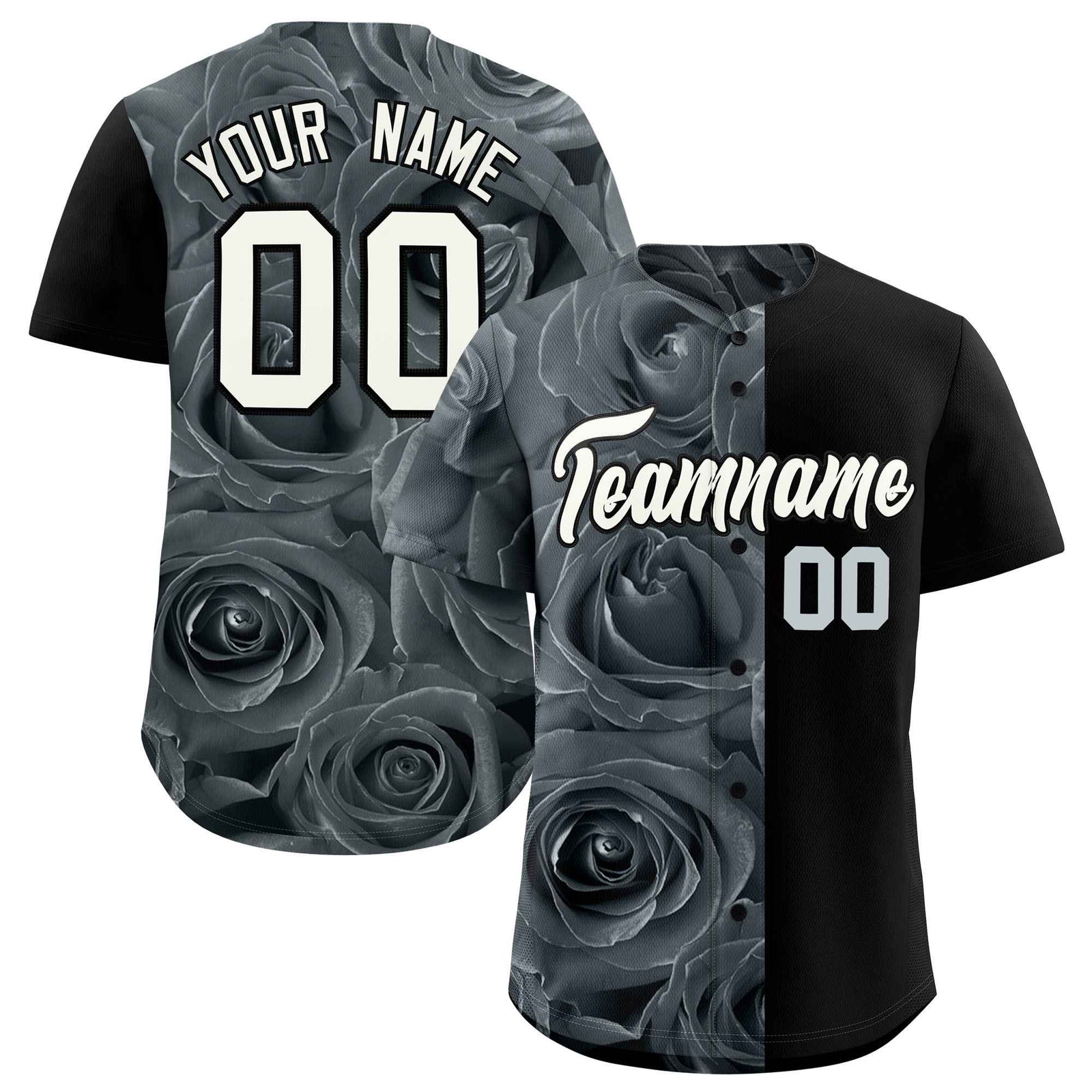 Custom Silver Black Split Rose Print Authentic Baseball Jersey