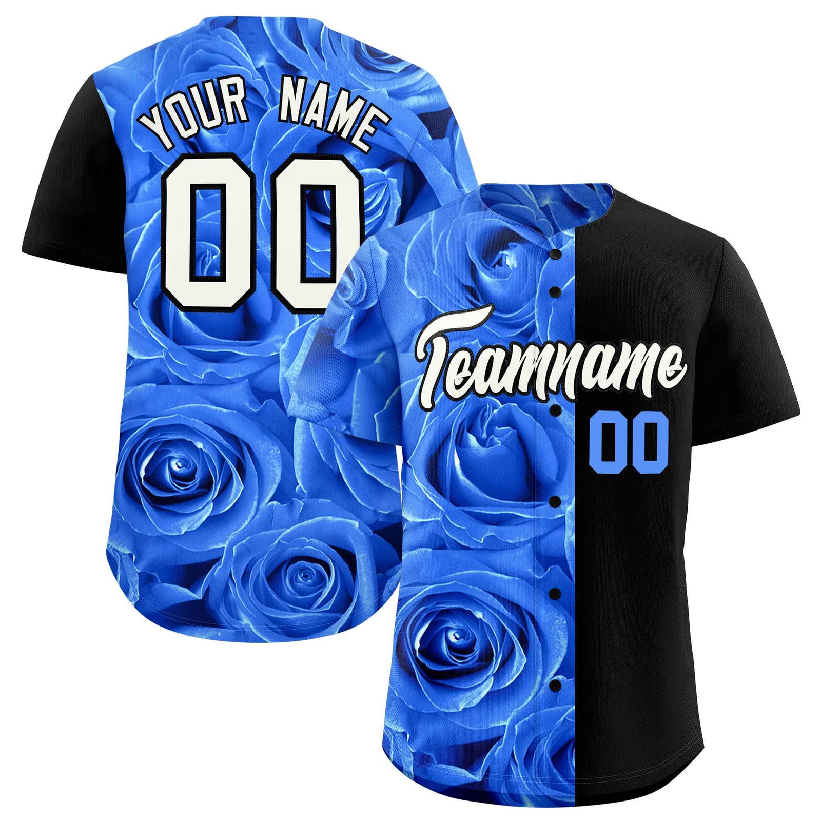 Custom Powder Blue Black Split Rose Print Authentic Baseball Jersey