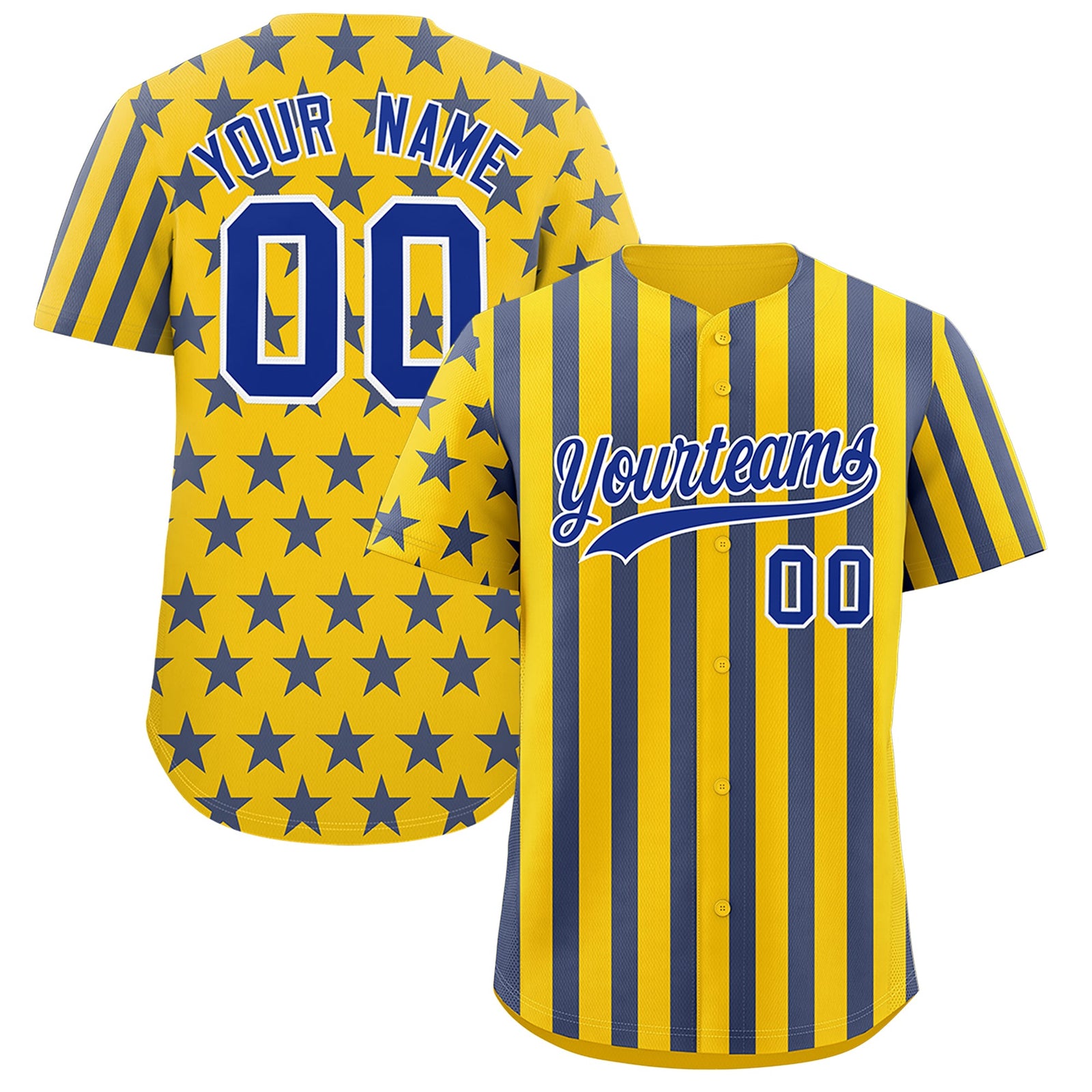 Custom Gold Royal Blue American Flag Graffiti Pattern Baseball Jersey| KXKSHOP