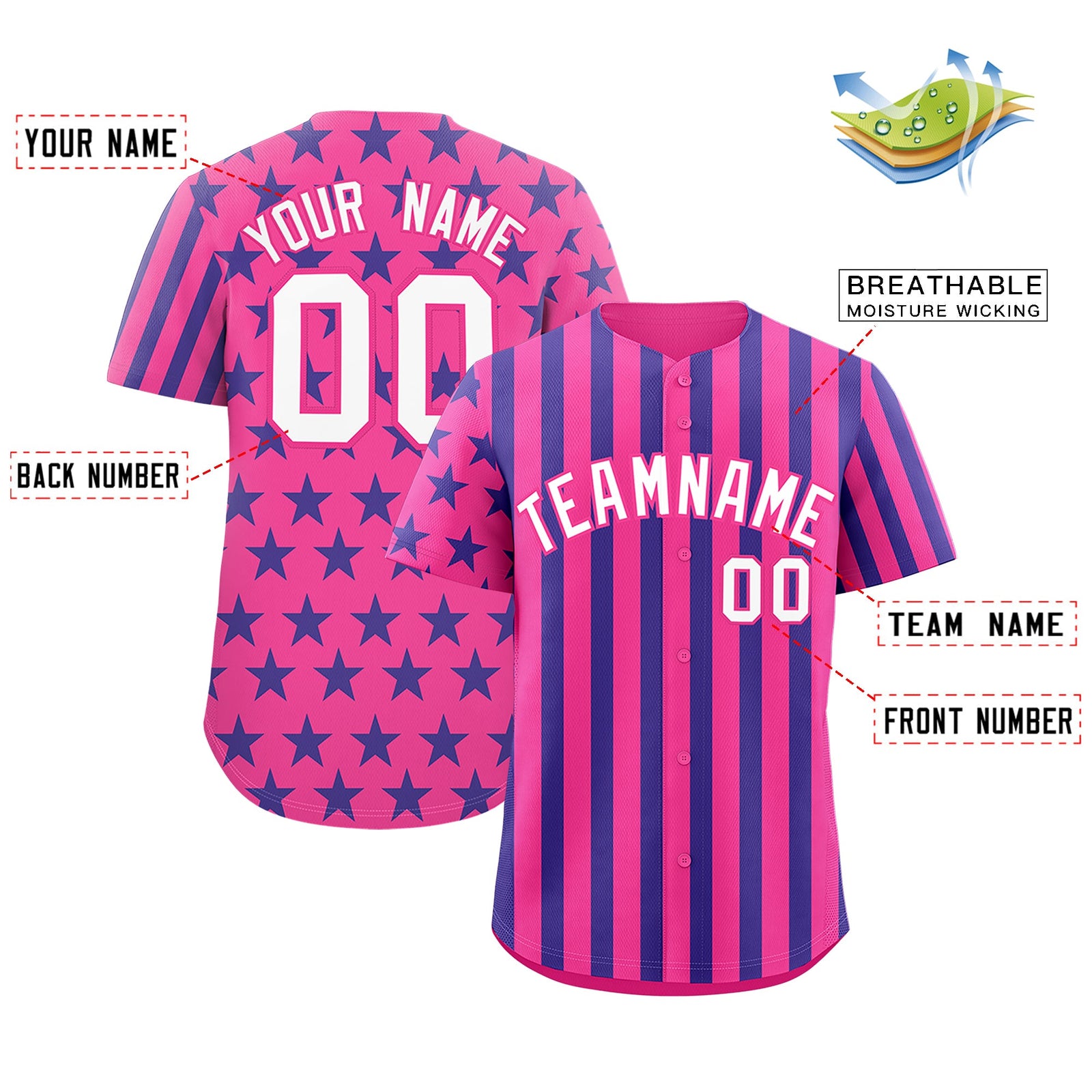 Custom Pink Royal Blue American Flag Graffiti Pattern Baseball Jersey| KXKSHOP
